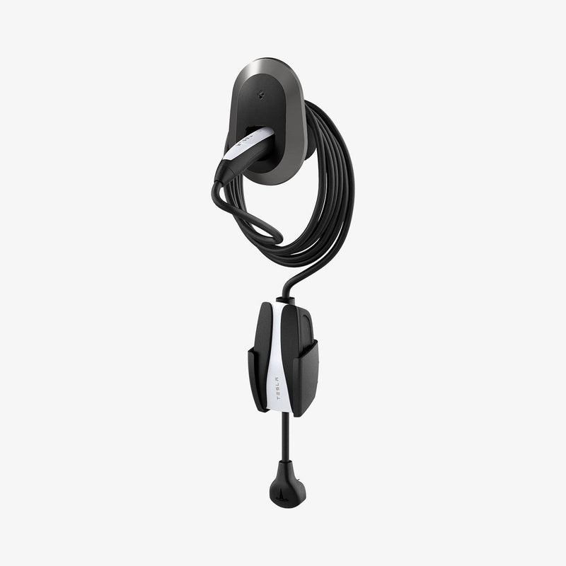 ACP04294 - Tesla Charging Wall Mount in dark silver showing the wall mount and cables organized with wall plug upside down below
