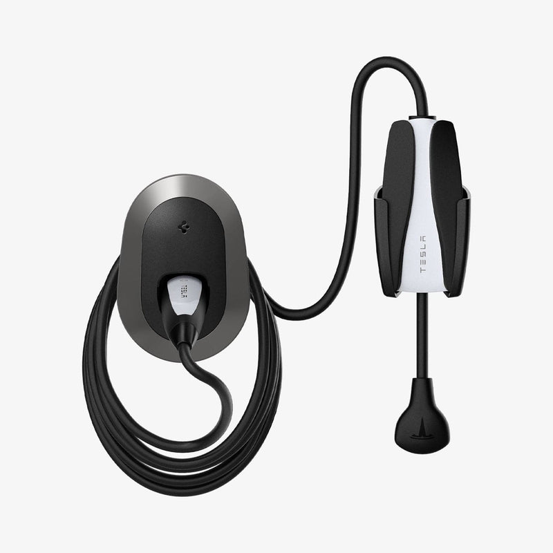 ACP04294 - Tesla Charging Wall Mount in dark silver showing the wall mount and cables organized beside wall plug upside down