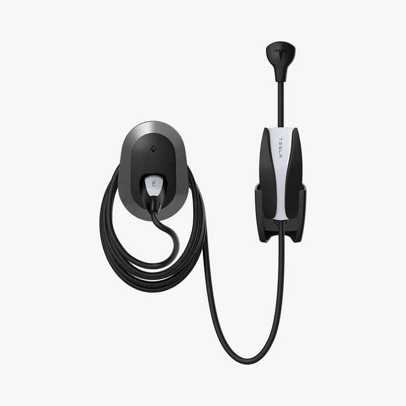 ACP04294 - Tesla Charging Wall Mount in dark silver showing the wall mount and cables organized beside wall plug