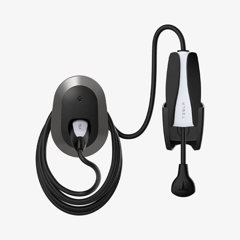 ACP04294 - Tesla Charging Wall Mount in dark silver showing the wall mount and cables organized beside wall plug upside down