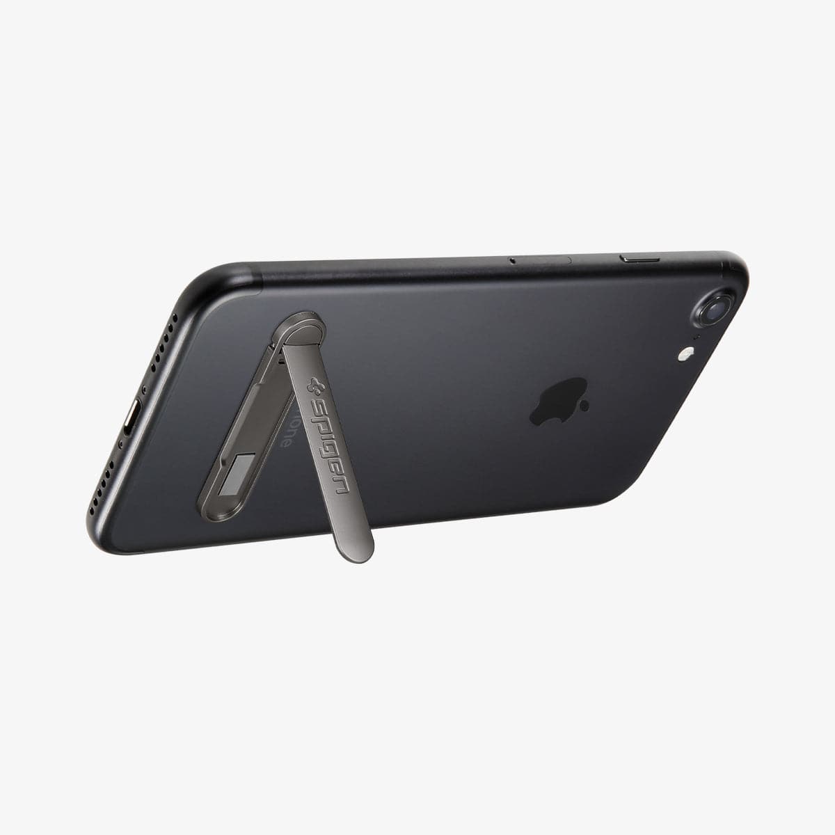 000EM20860 - U100 Universal Kickstand (Metal) in gunmetal showing the phone propped up by kickstand attached