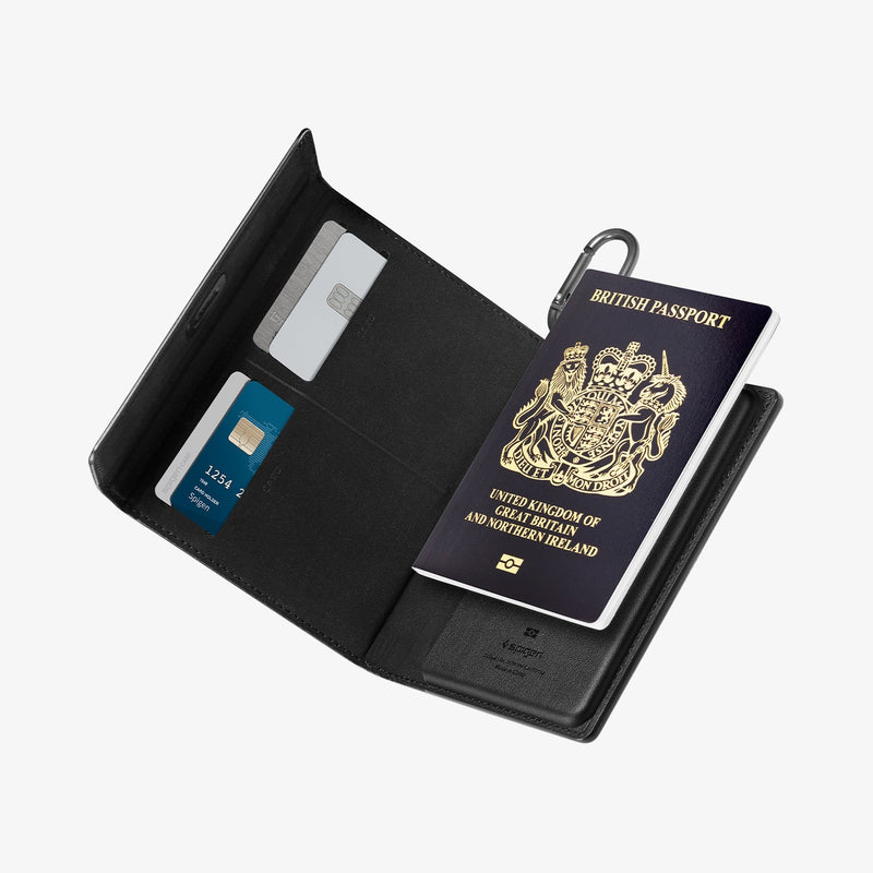 AFA05538 - Passport Holder in black showing the inner with cards inserted on the side pockets and a passport attached