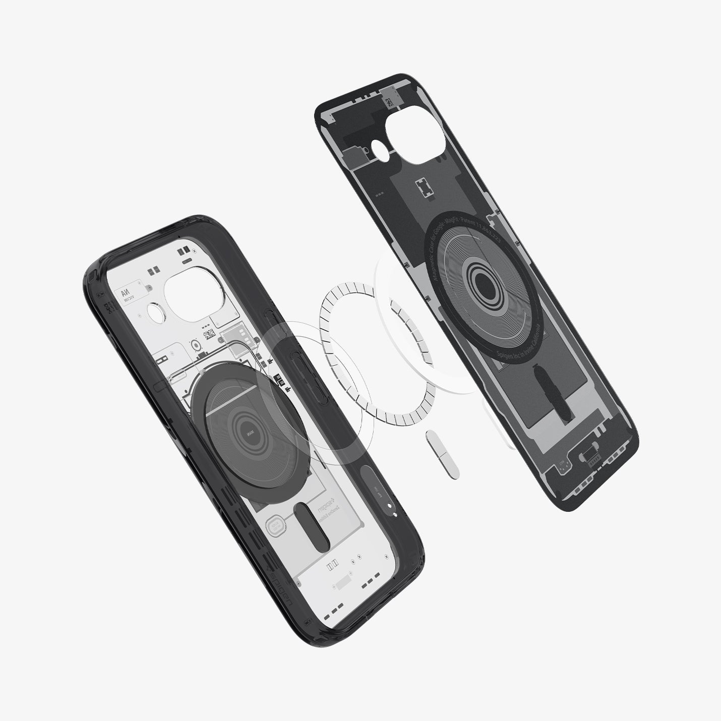 ACS09044 - Pixel 9a Case Ultra Hybrid Zero One showing the inner layer hovering above the detached parts of metal ring and the case