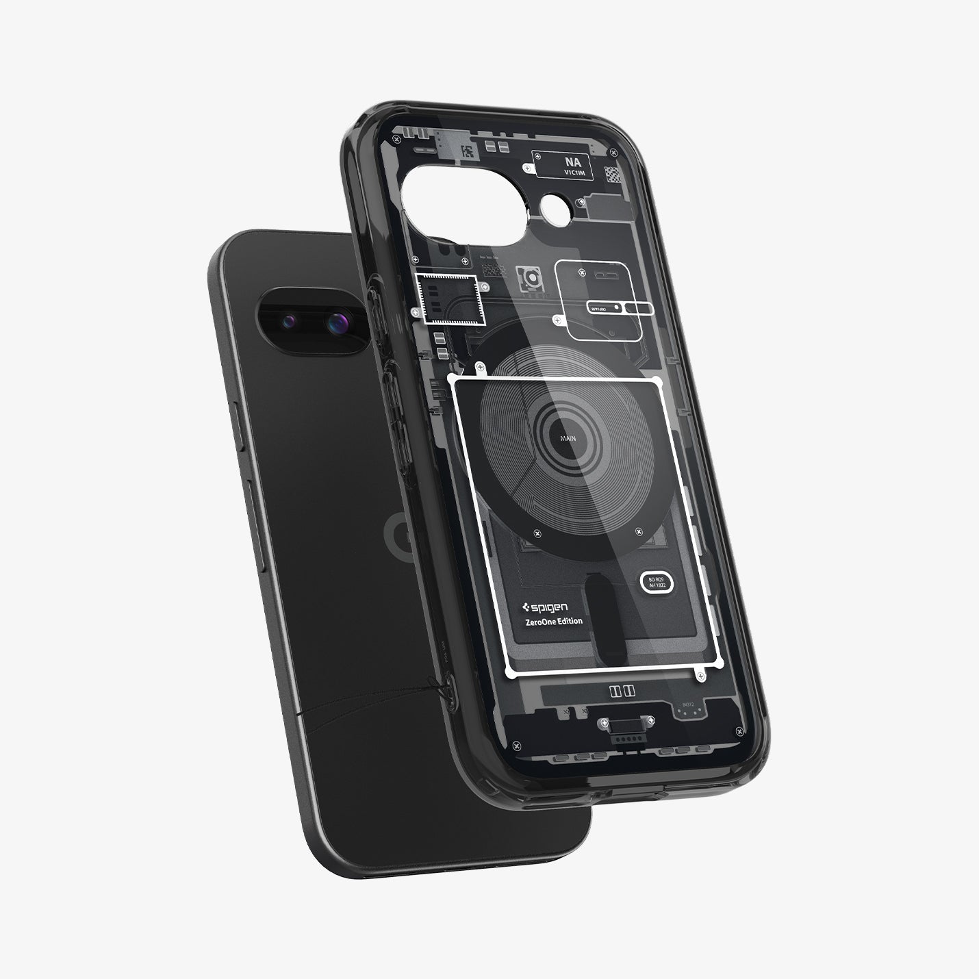 ACS09044 - Pixel 9a Case Ultra Hybrid Zero One showing the back, partial side and bottom hovering in front of the device