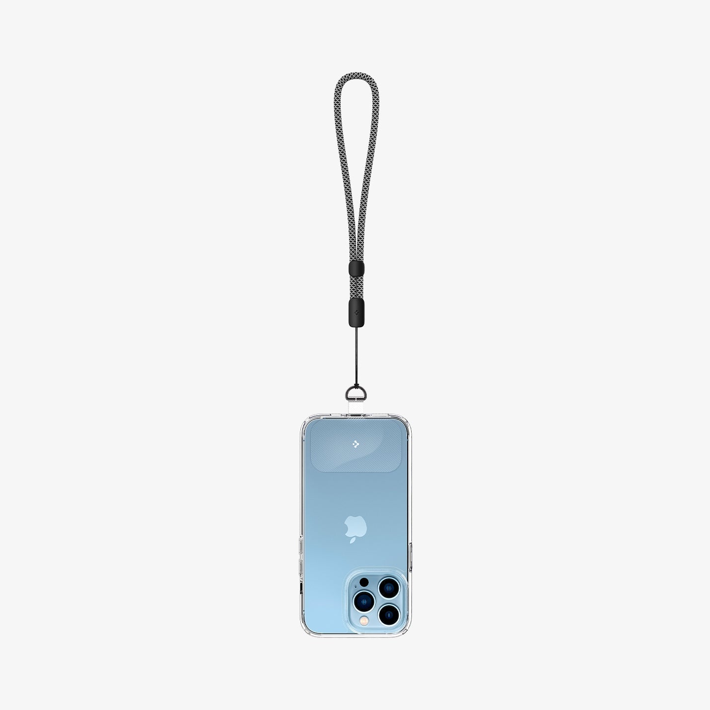 AFA03431 - Universal Wrist Strap in black showing the front attached to contag and phone