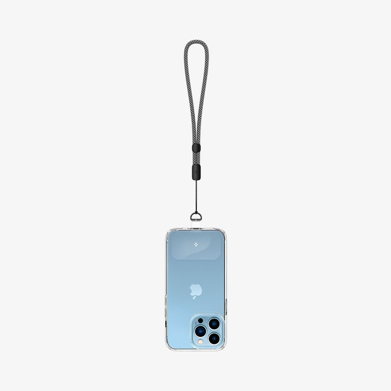 AFA03431 - Universal Wrist Strap in black showing the front attached to contag and phone