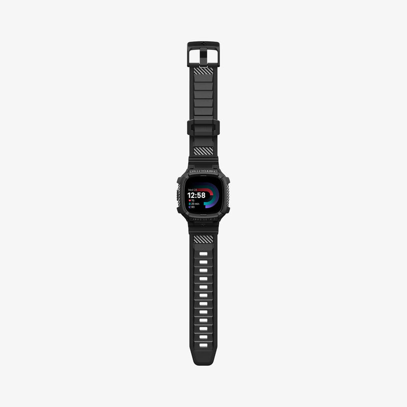 ACS05296 - Fitbit Versa 4 Band Rugged Armor Pro in black showing the front with watch band laid out flat