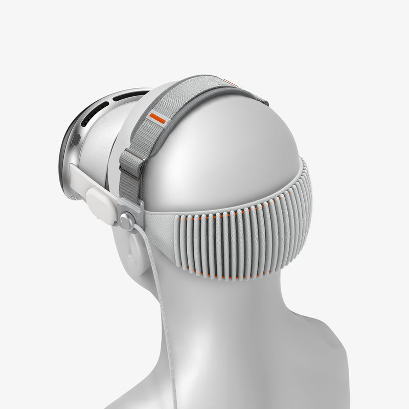 SPBD240007 - Apple Vision Pro Bundle in Charcoal Gray showing the top and side of the head strap attached to a device while worn by a mannequin model 