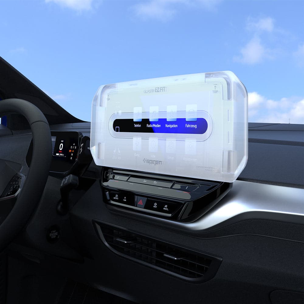 AGL04045 - Volkswagen ID.4 10" Screen Protector EZ FIT GLAS.tR Anti-Glare showing the ez fit tray installed on touch screen display inside of car