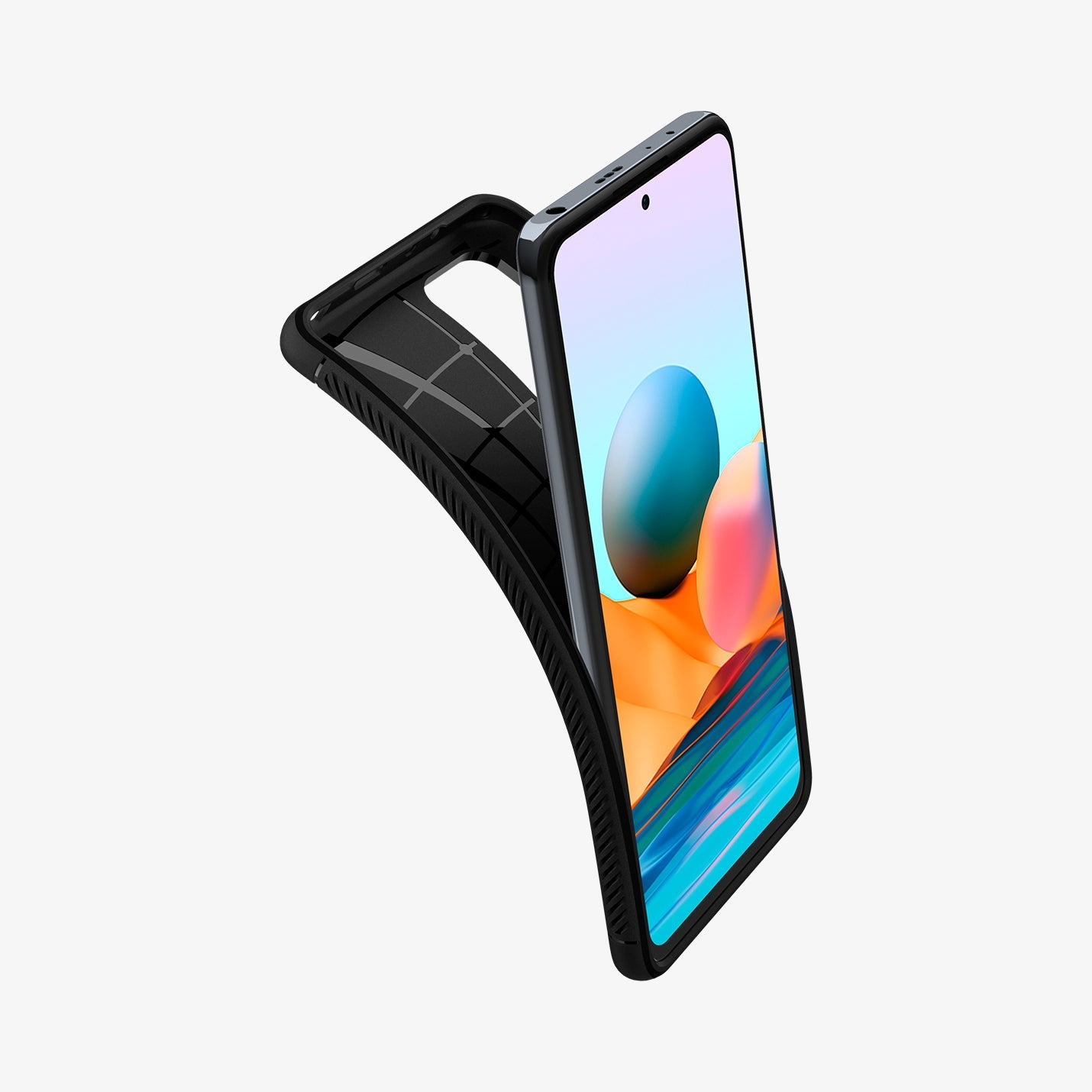 ACS02844 - Xiaomi Redmi Note 10 Pro Case Rugged Armor in Matte Black showing the front of device, partial side with the case partially peeled from behind showing partial inner case
