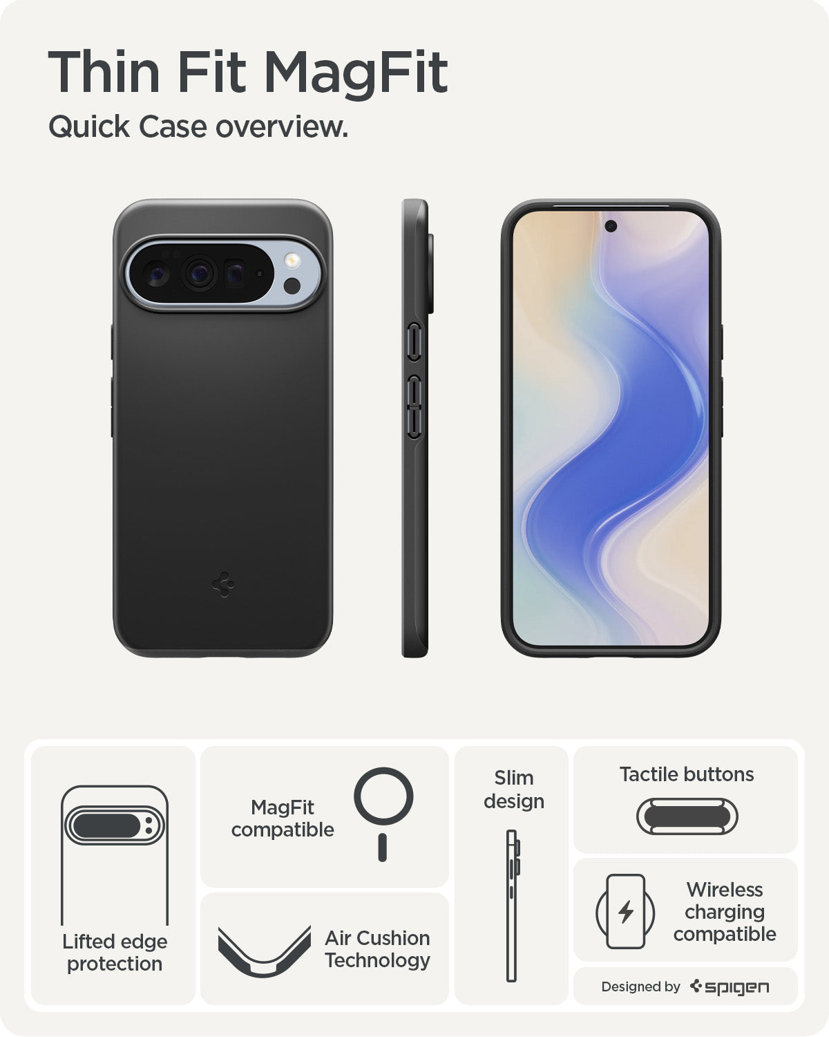 ACS09722 - GajPXL Thin Fit (MagFit) in black showing the quick case overview. Lifted edge protection, MagFit compatible, Aircushion technology, slim design, tactile buttons and wireless charging compatible