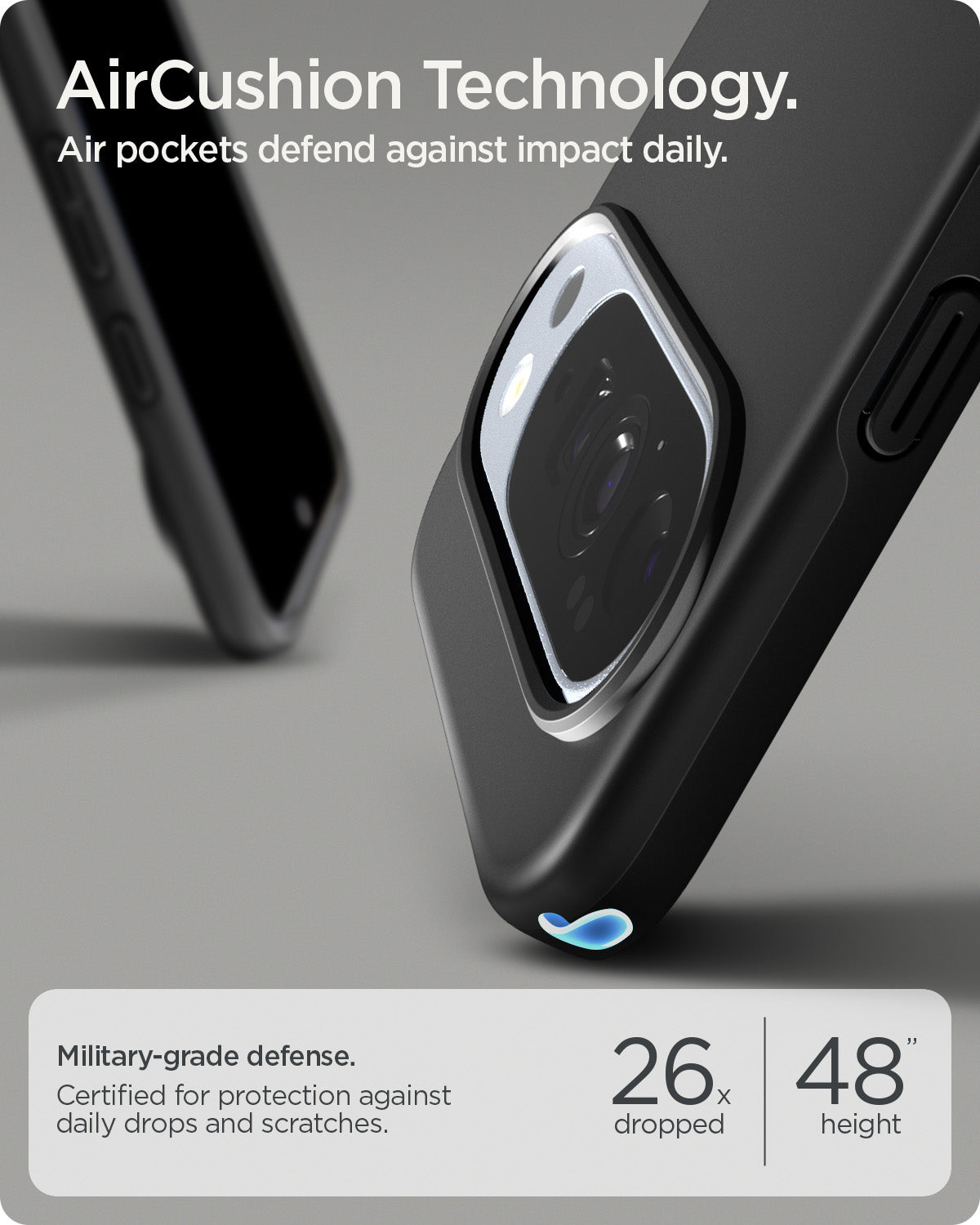 ACS09722 - GajPXL Thin Fit (MagFit) in black showing aircushion technology. air pockets defend against impact daily.