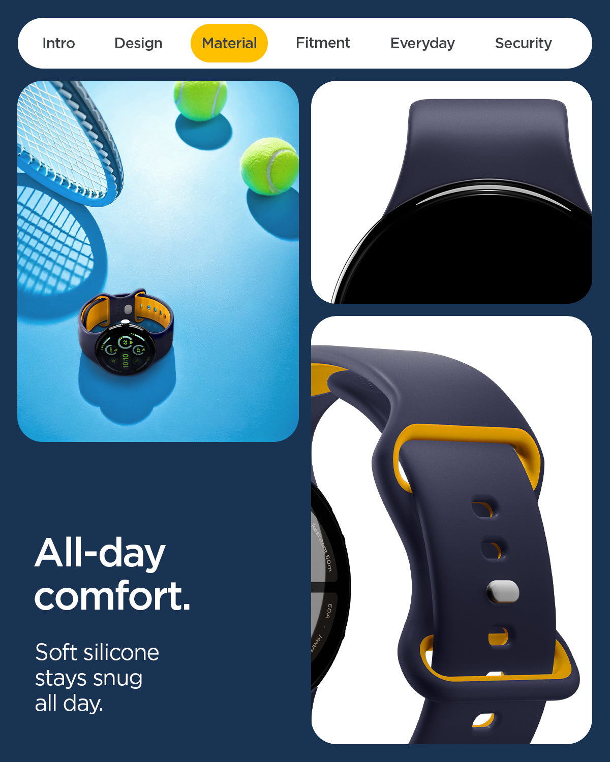 AMP09490 - Pixel Watch 5 (45mm) Nano Pop Blueberry Navy showing the all day comfort. Soft silicone stays snug all day