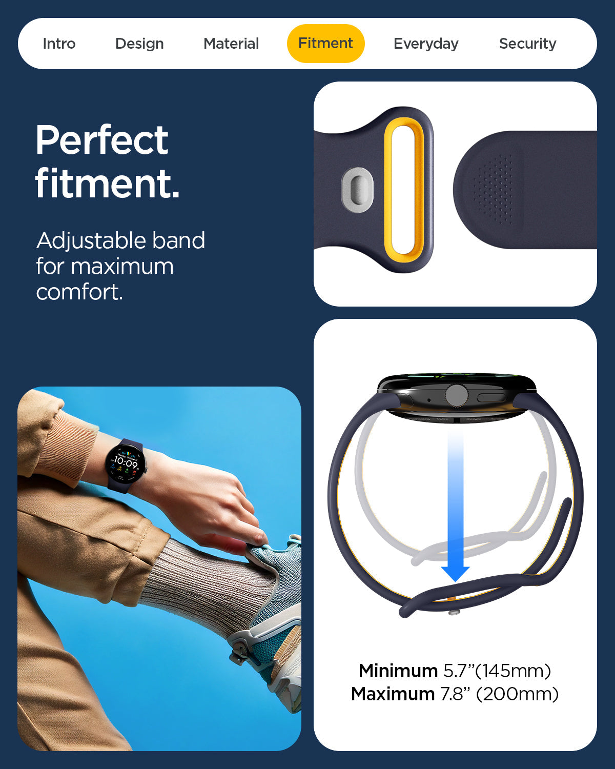 AMP09490 - Pixel Watch 5 (45mm) Nano Pop Blueberry Navy showing the perfect fitment. Adjustable band for maximum comfort.