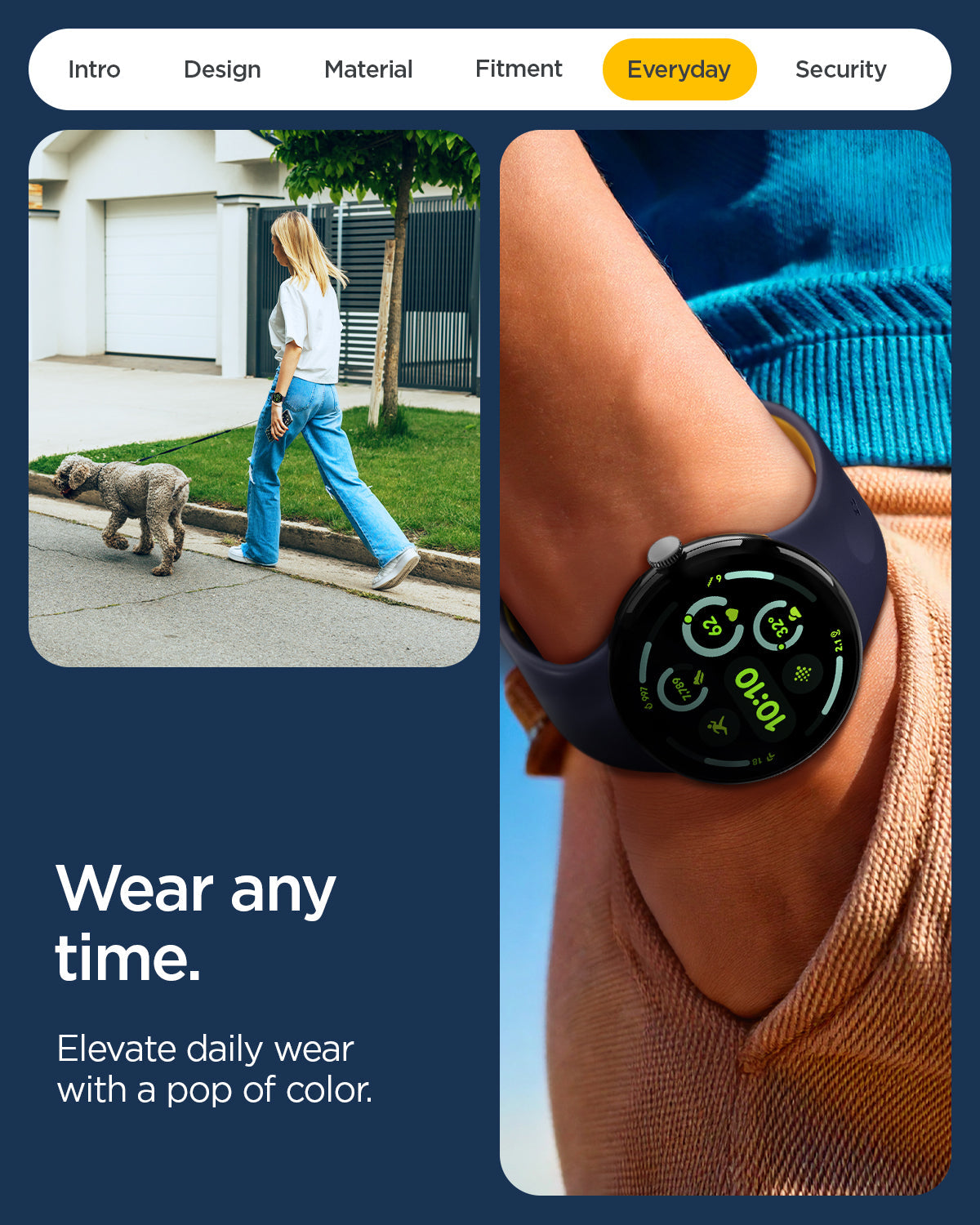 AMP09490 - Pixel Watch 5 (45mm) Nano Pop Blueberry Navy showing wear any time. Elevate daily wear with a pop of color