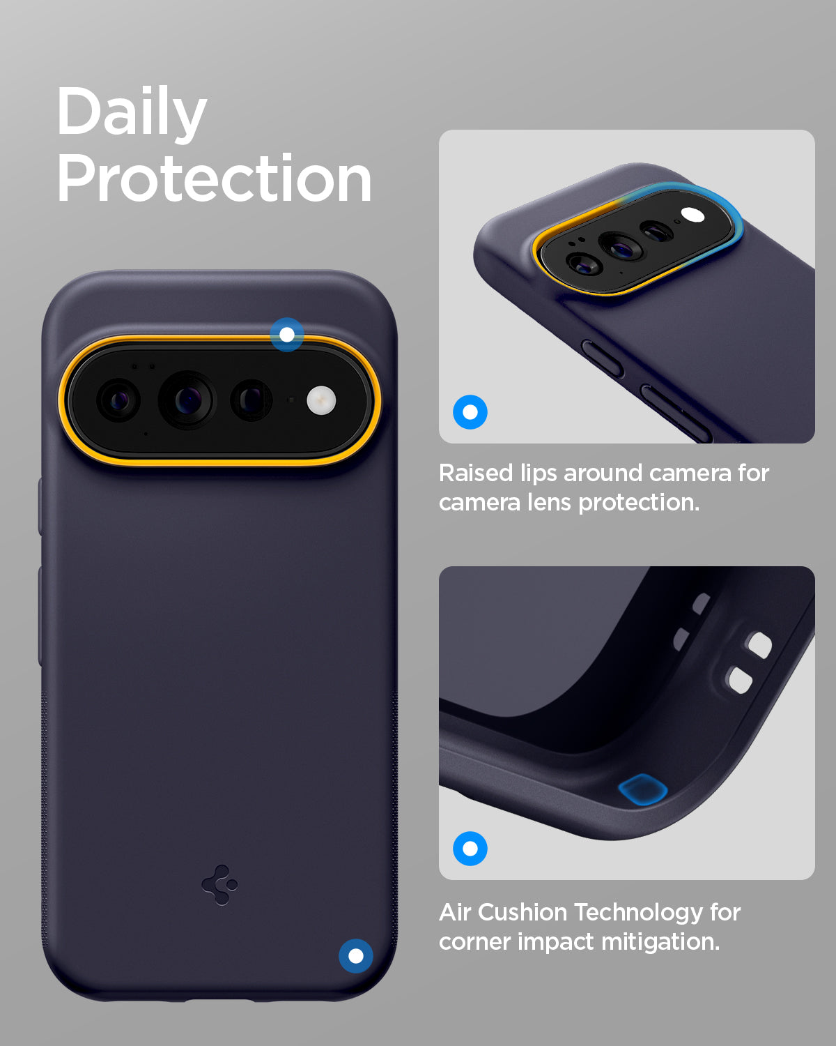 ACS11454 - Pixel 11 Pro XL Nano Pop (Mag Fit) Blueberry Navy close up highlighting the raised camera surround and Air Cushion Technology around the corners.