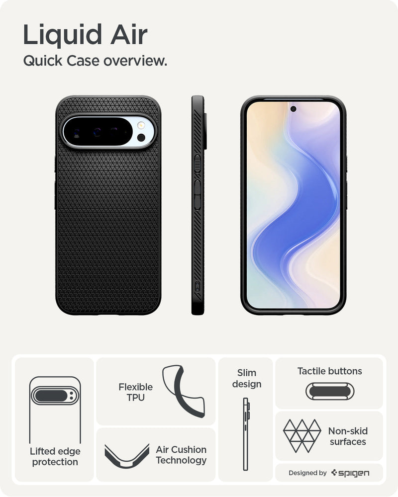 ACS09737 - GajPXL Case Liquid Air in matte black showing the quick case overview. Lifted edge protection, flexible TPU, AirCushion Technology, slim design and tactile buttons.
