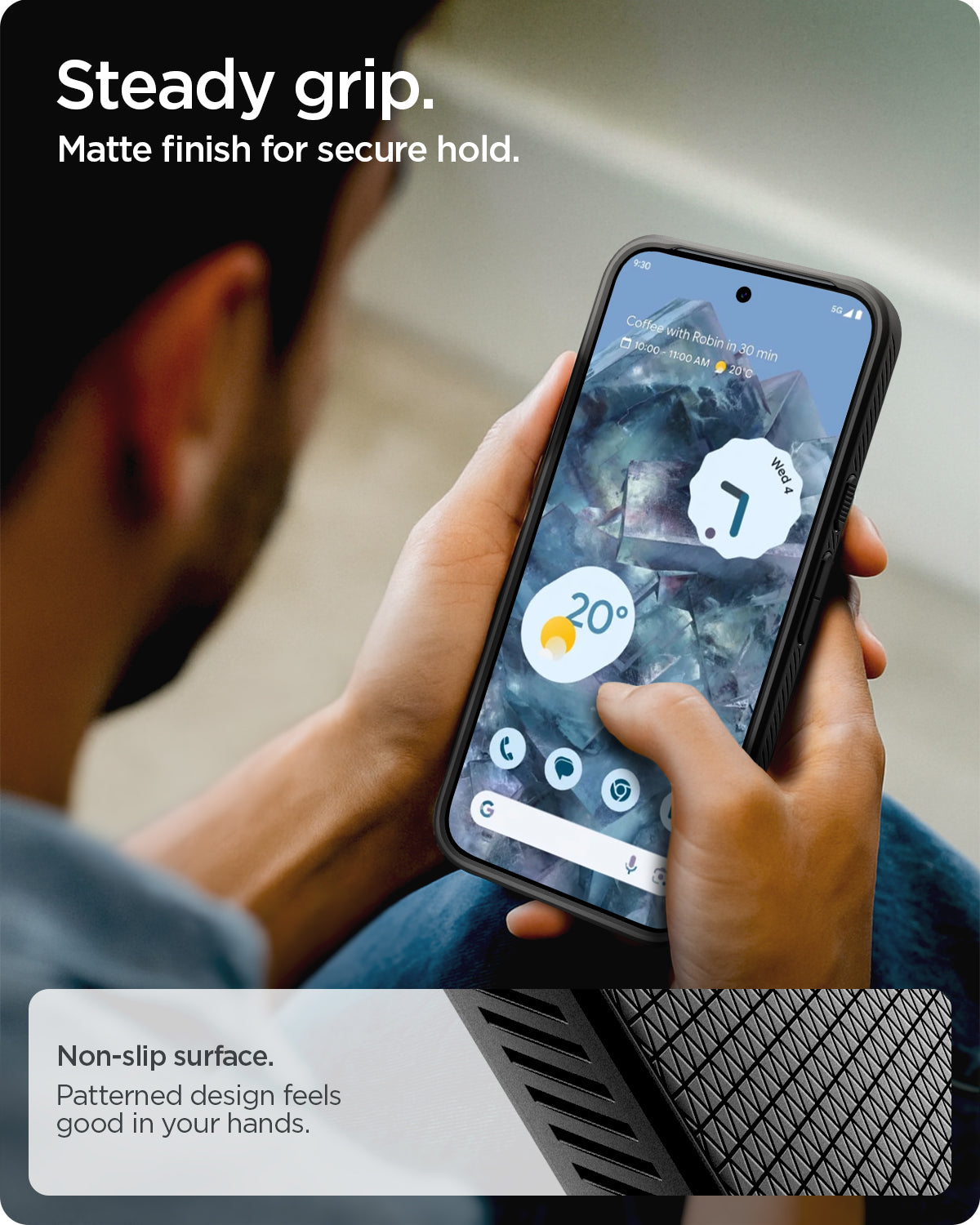 ACS09737 - GajPXL Case Liquid Air in matte black showing the steady grip. Matte finish for secure hold. Non-slip surface. Patterned design feels good in your hands