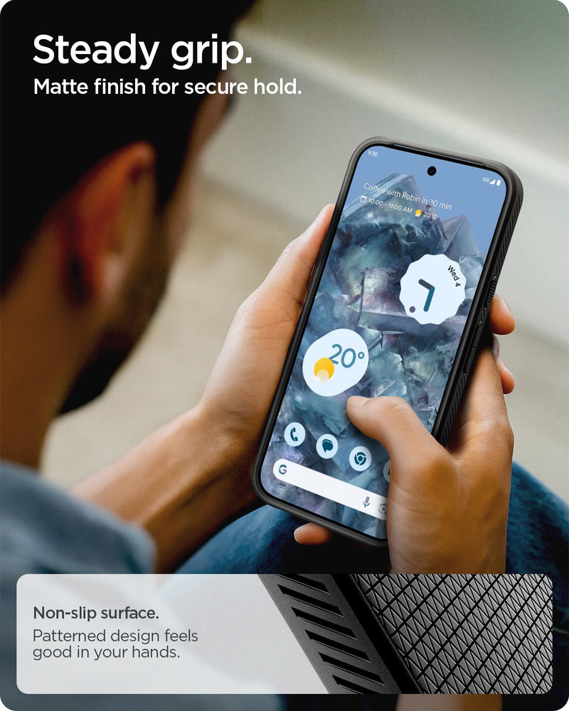 ACS09737 - GajPXL Case Liquid Air in matte black showing the steady grip. Matte finish for secure hold. Non-slip surface. Patterned design feels good in your hands