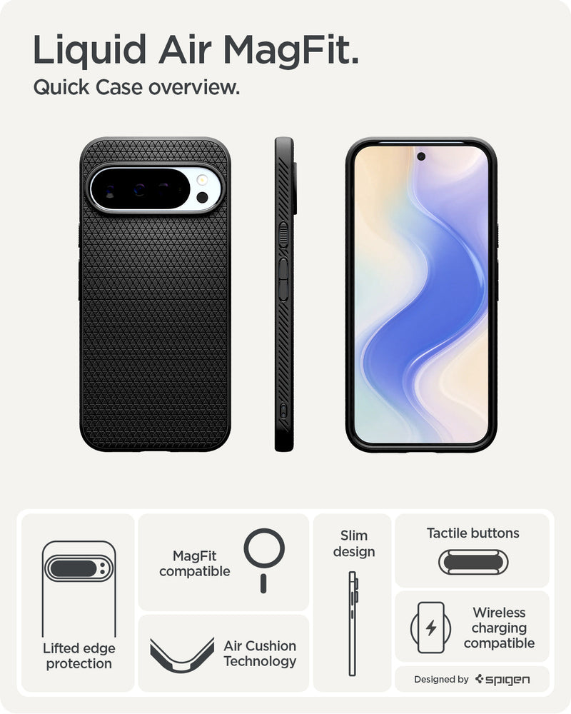 ACS09718 - GajPXL Case Liquid Air (MagFit) in matte black showing the quick case overview. Lifted edge protection, MagFit compatible, Aircushion technology, slim design, tactile buttons and wireless charging compatible