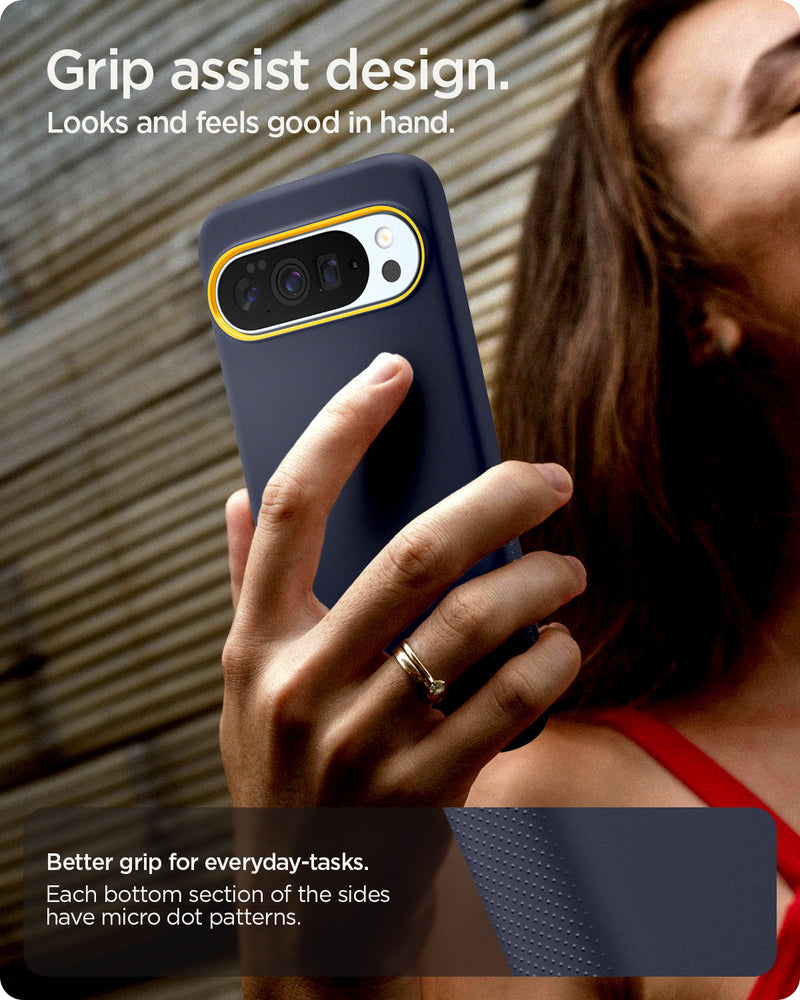 ACS09734 - GajPXL Case Nano Pop (MagFit) in blueberry navy showing the grip assist design. Looks and feels good in hand. Better grip for everyday tasks. Each bottom section of the sides have micro dot patterns