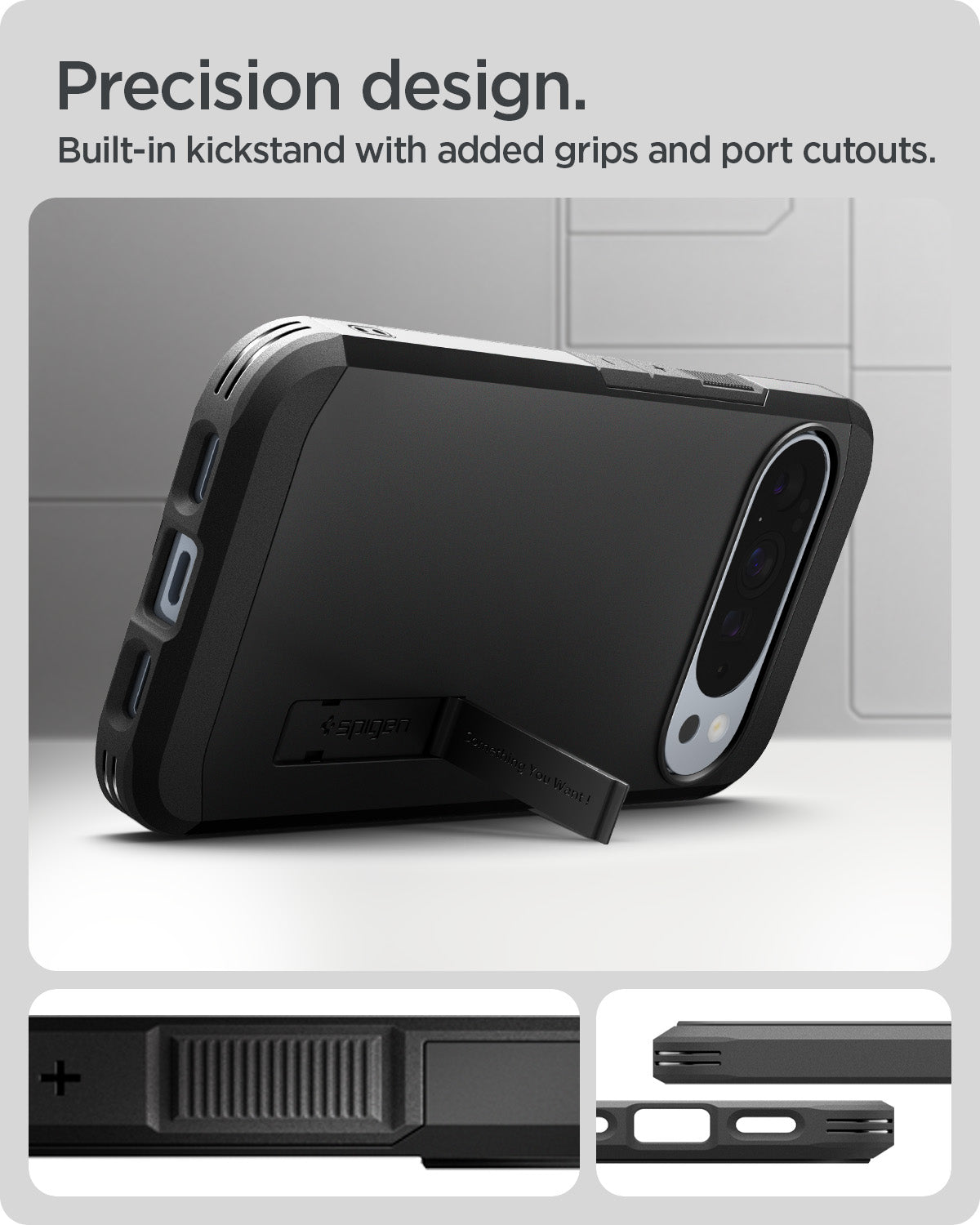 ACS09728 - Pixel 10 Pro XL Tough Armor AI (MagFit) in black showing precision design. built in kickstand with added grips and port cutouts