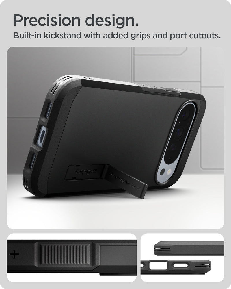 ACS09728 - Pixel 10 Pro XL Tough Armor AI (MagFit) in black showing precision design. built in kickstand with added grips and port cutouts