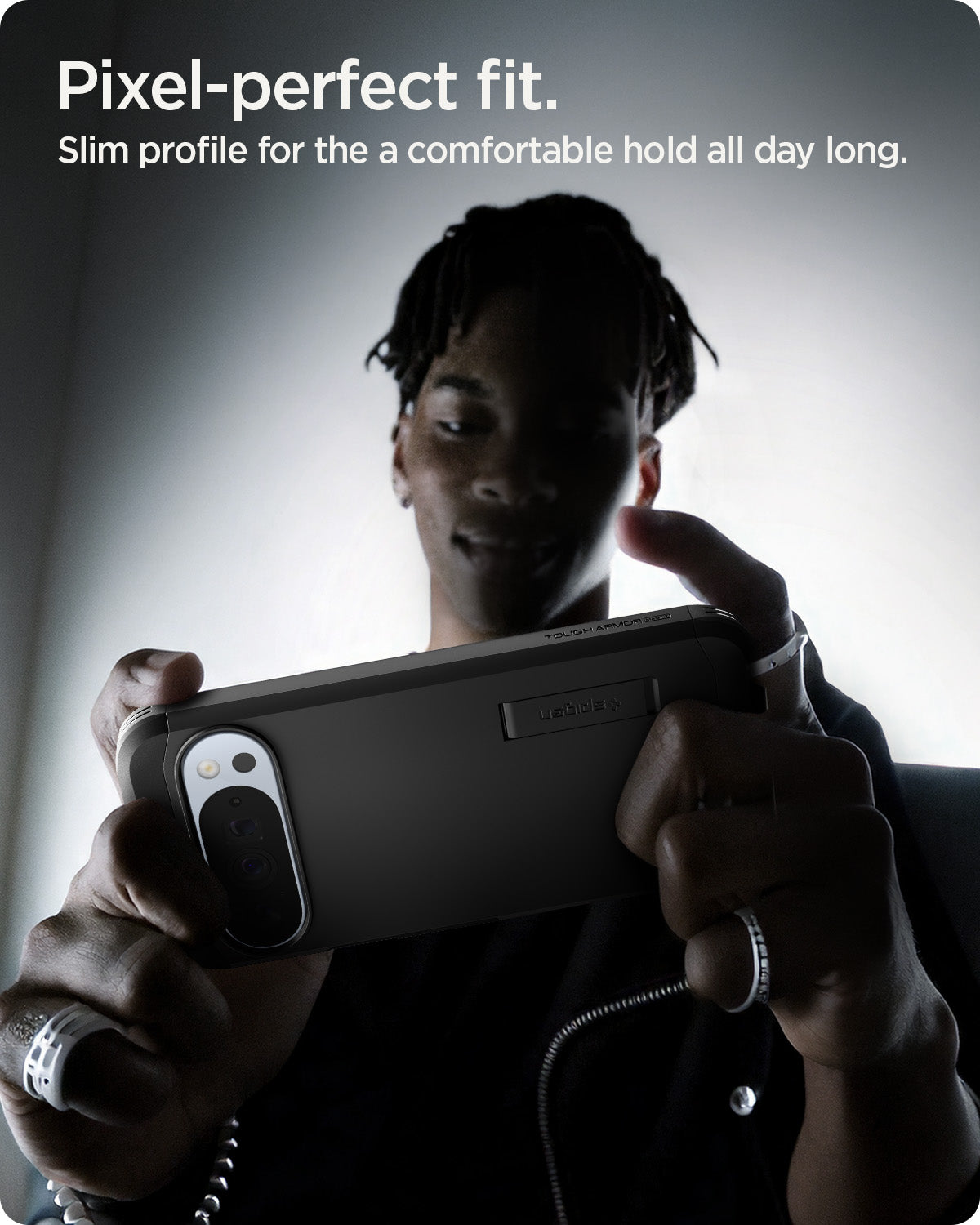 ACS09728 - Pixel 10 Pro XL Tough Armor AI (MagFit) in black showing pixel perfect fit. Slim profile for the a comfortable hold all day long