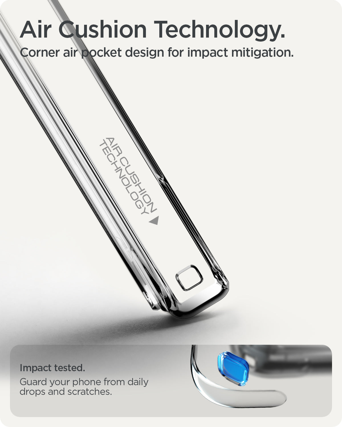 ACS09738 - GajPXL Case Ultra Hybrid in crystal clear showing the air cushion technology. Corner air pocket design for impact mitigation. Impact tested to guard your phone from daily drops and scratches