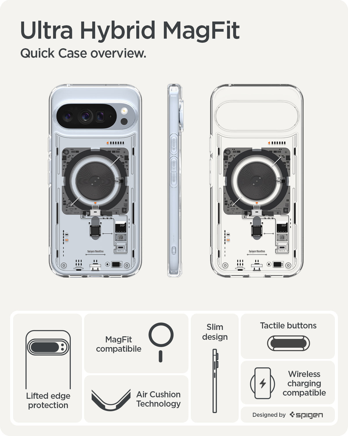 ACS09727 - GajPXL Case Ultra Hybrid Neo One (MagFit) showing the quick case overview. Lifted edge protection, MagFit compatible, air cushion technology, slim design, tactile buttons and wireless charging compatible