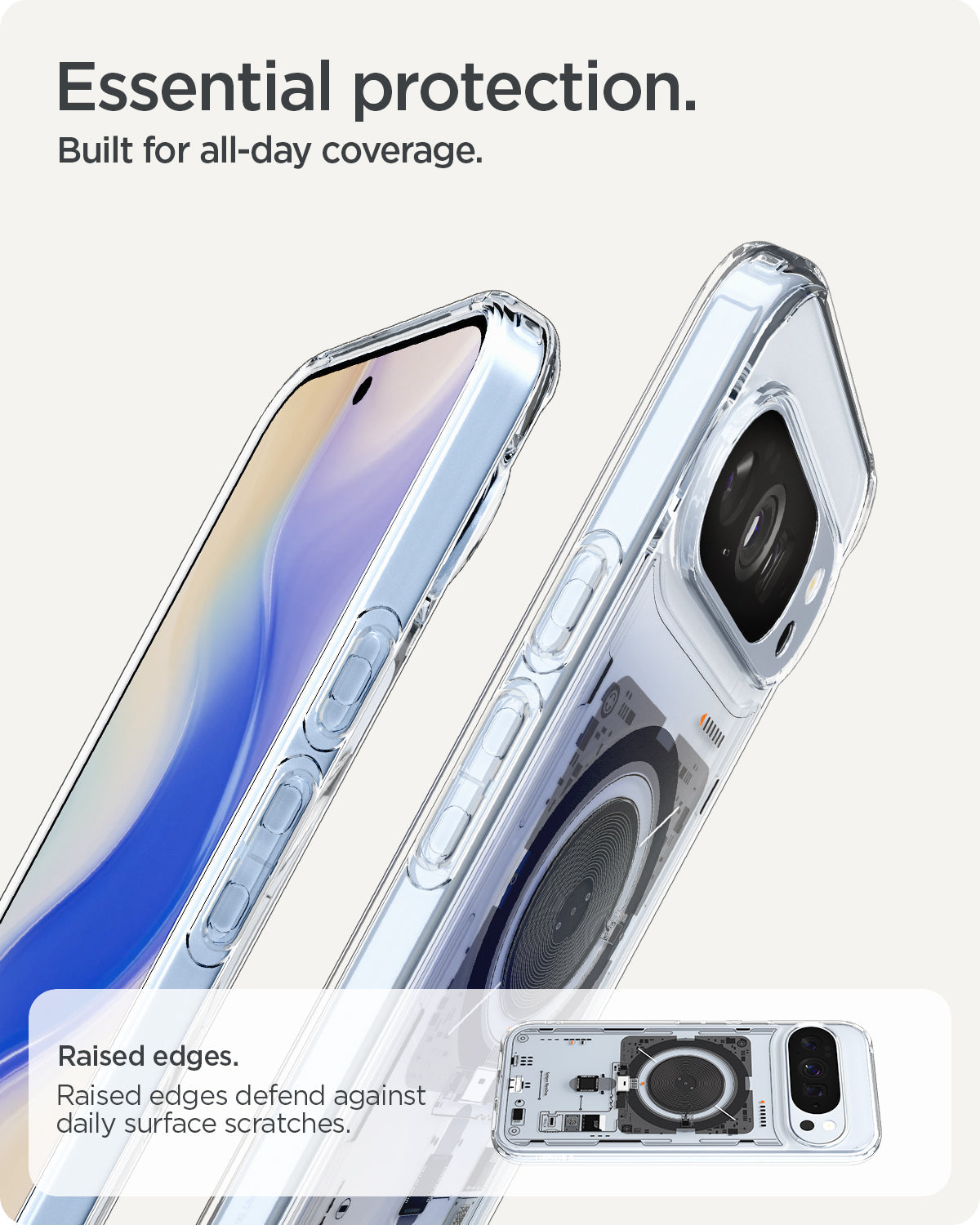 ACS09727 - GajPXL Case Ultra Hybrid Neo One (MagFit) showing the raised edges that defend against daily surface scratches. Essential protection. Built for all day coverage.