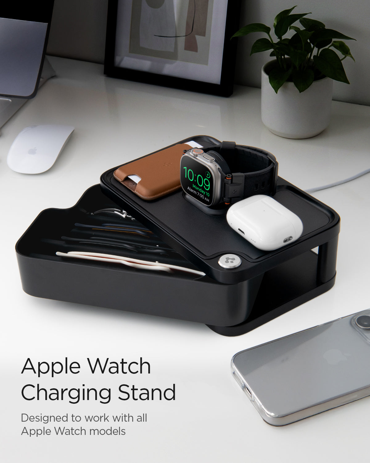 AMP07602 - Watch Organizer | S340 in Black showing the apple watch charging stand. Designed to work with all Apple watch models