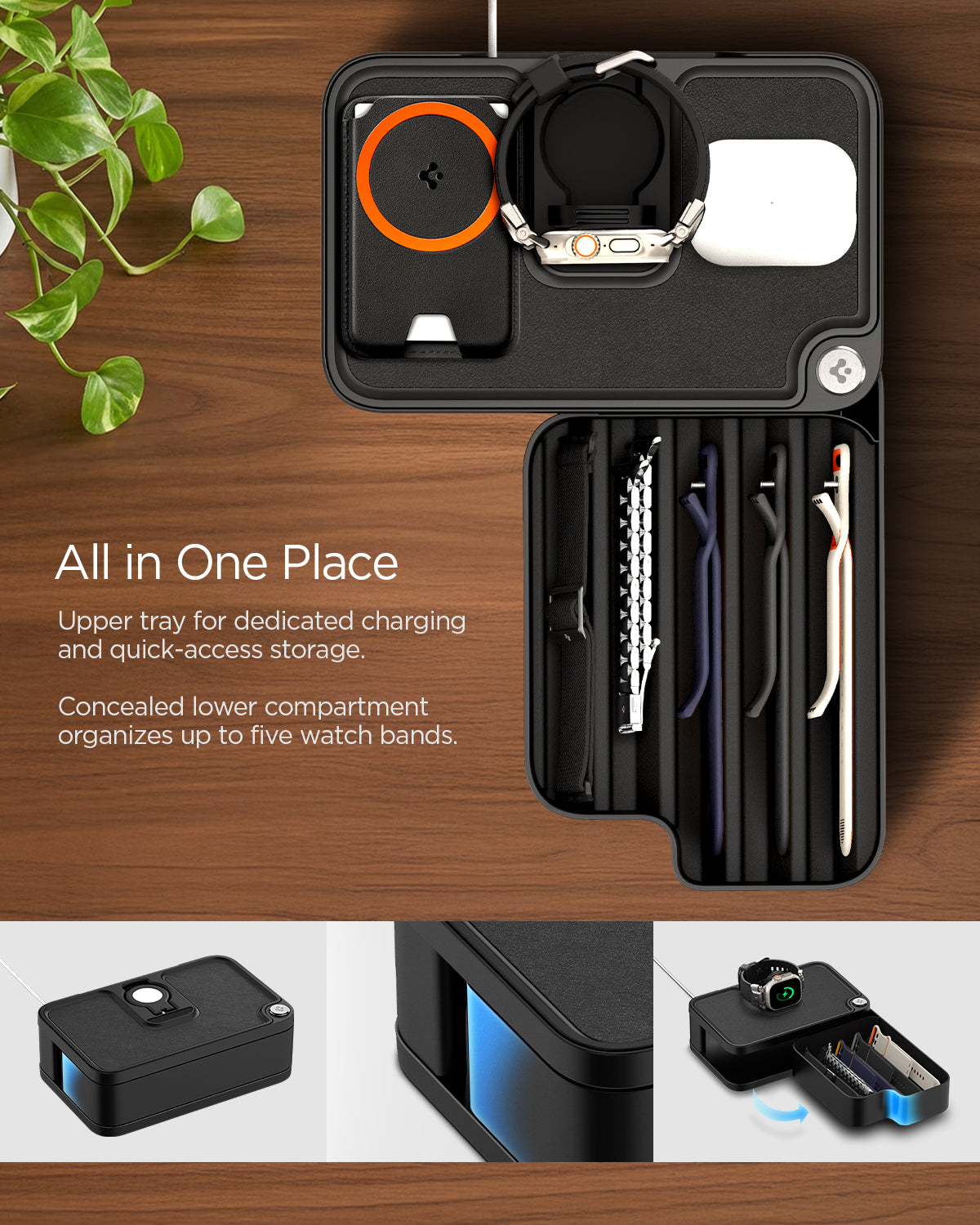 AMP07602 - Watch Organizer | S340 in Black showing upper tray for dedicated charging and quick-access storage. Concealed lower compartment organizes up to five watch bands