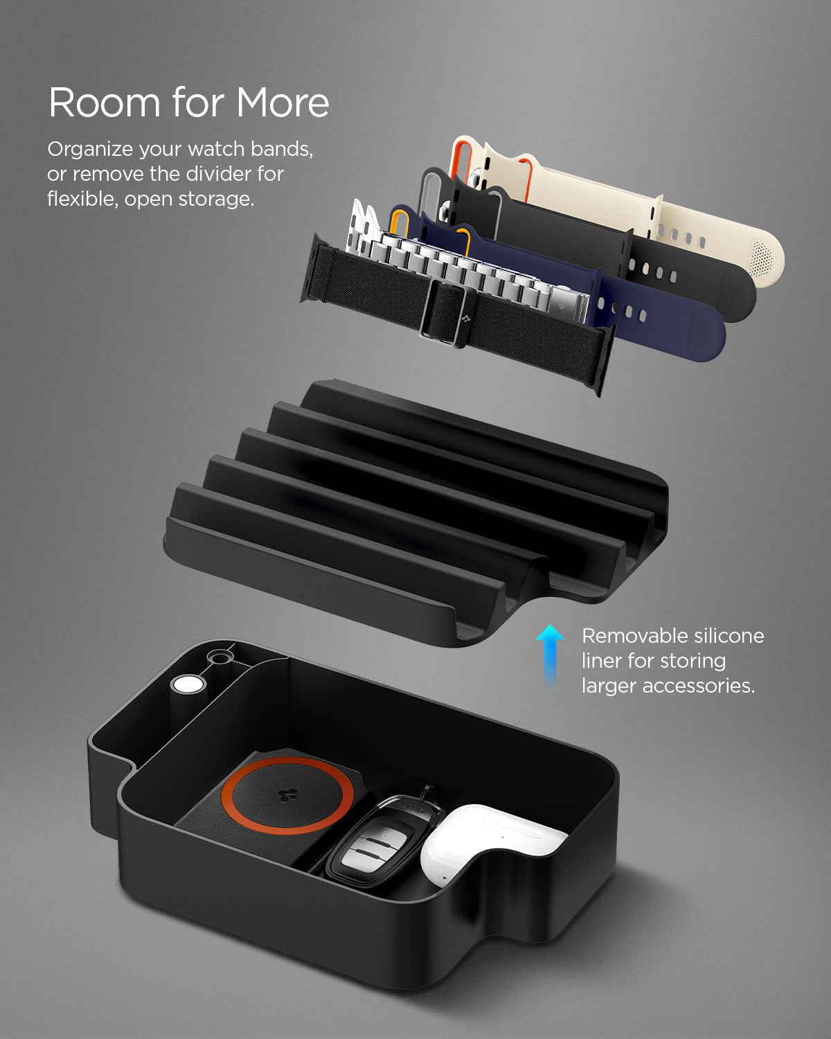 AMP07602 - Watch Organizer | S340 in Black showing more room. Organize your watch bands, or remove the divider for flexible, open storage with removable silicone liner for storing larger accessories