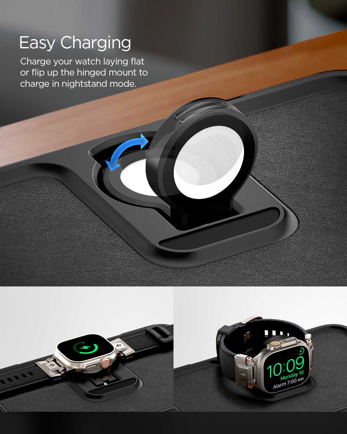 AMP07602 - Watch Organizer | S340 in Black showing the easy charging. Charge your watch laying flat or flip up the hinged mount to charge in nightstand mode
