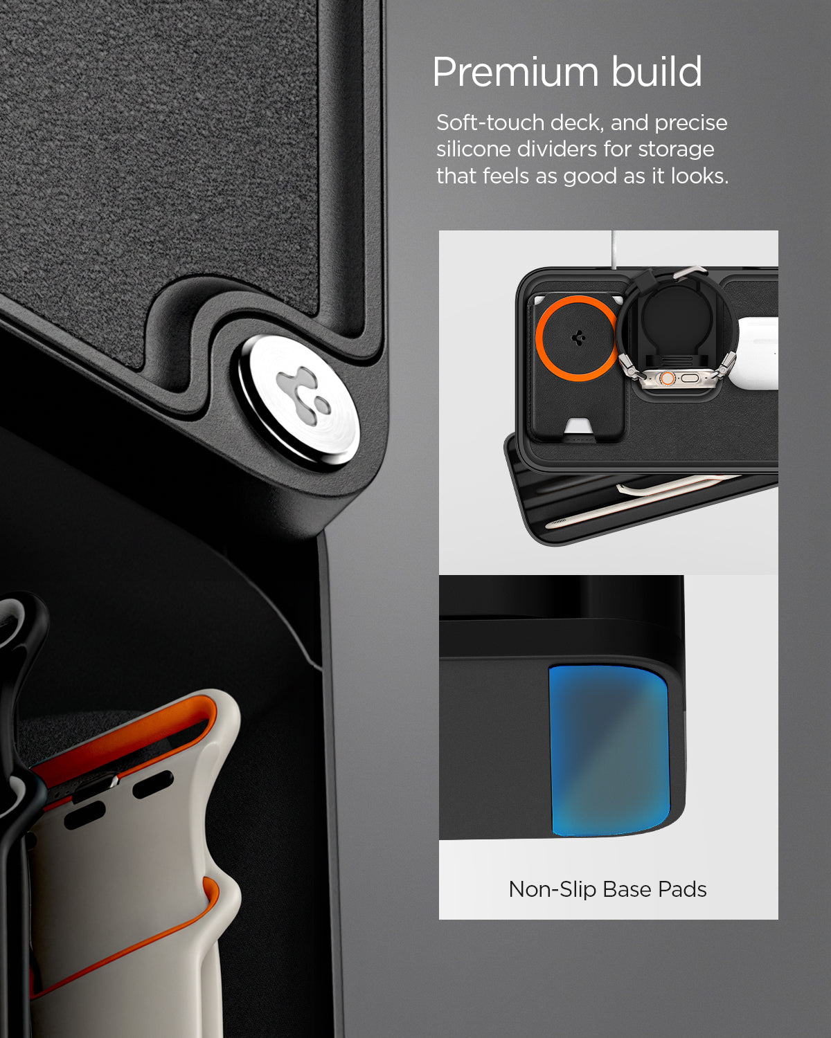 AMP07602 - Watch Organizer | S340 in Black showing the premium build. Soft-touch deck, and precise silicone dividers for storage that feels as good as it looks
