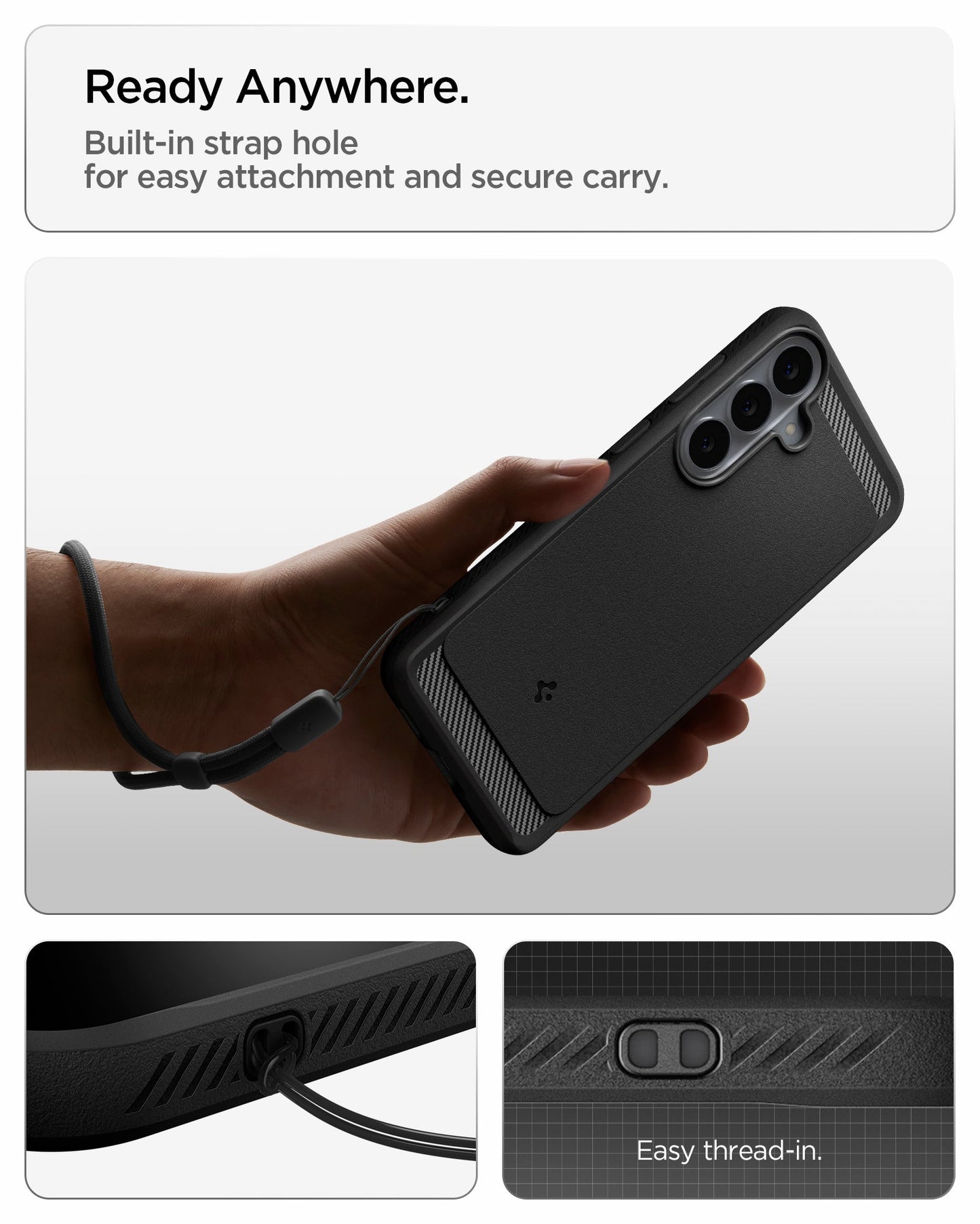 ACS11640 - Galaxy S26 FE Rugged Armor + Glass built in strap hole for easy attachment and secure everyday carry