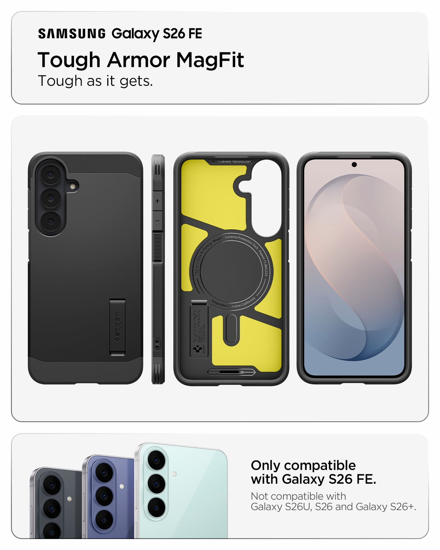 ACS11634 - Galaxy S26 FE Tough Armor (Mag Fit) tough Armor MagFit case for Galaxy S26 FE with front back side and interior views showing magnetic ring compatibility