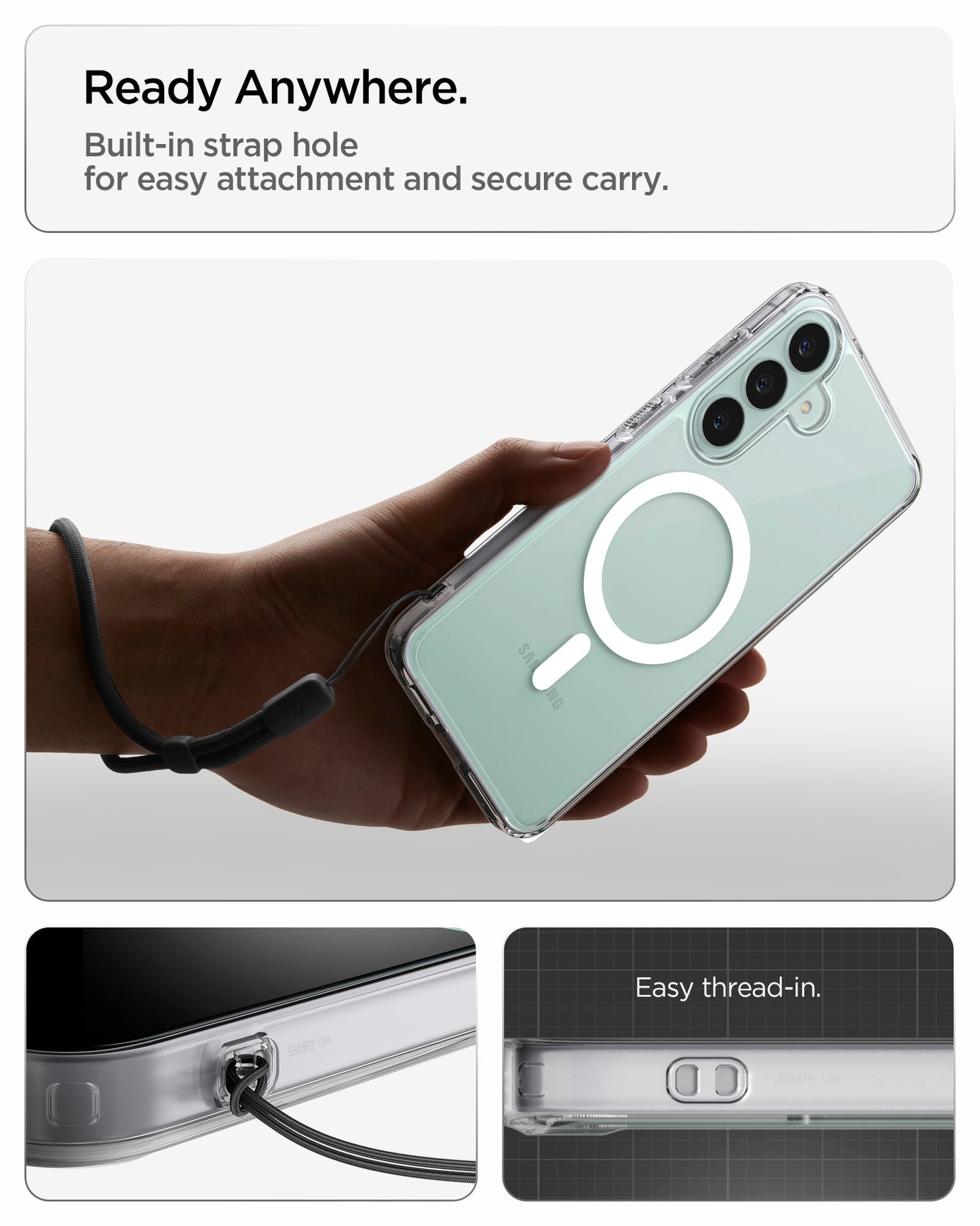ACS11636 - Galaxy S26 FE Ultra Hybrid (Mag Fit) built in strap hole provides easy thread in attachment for secure and convenient carrying