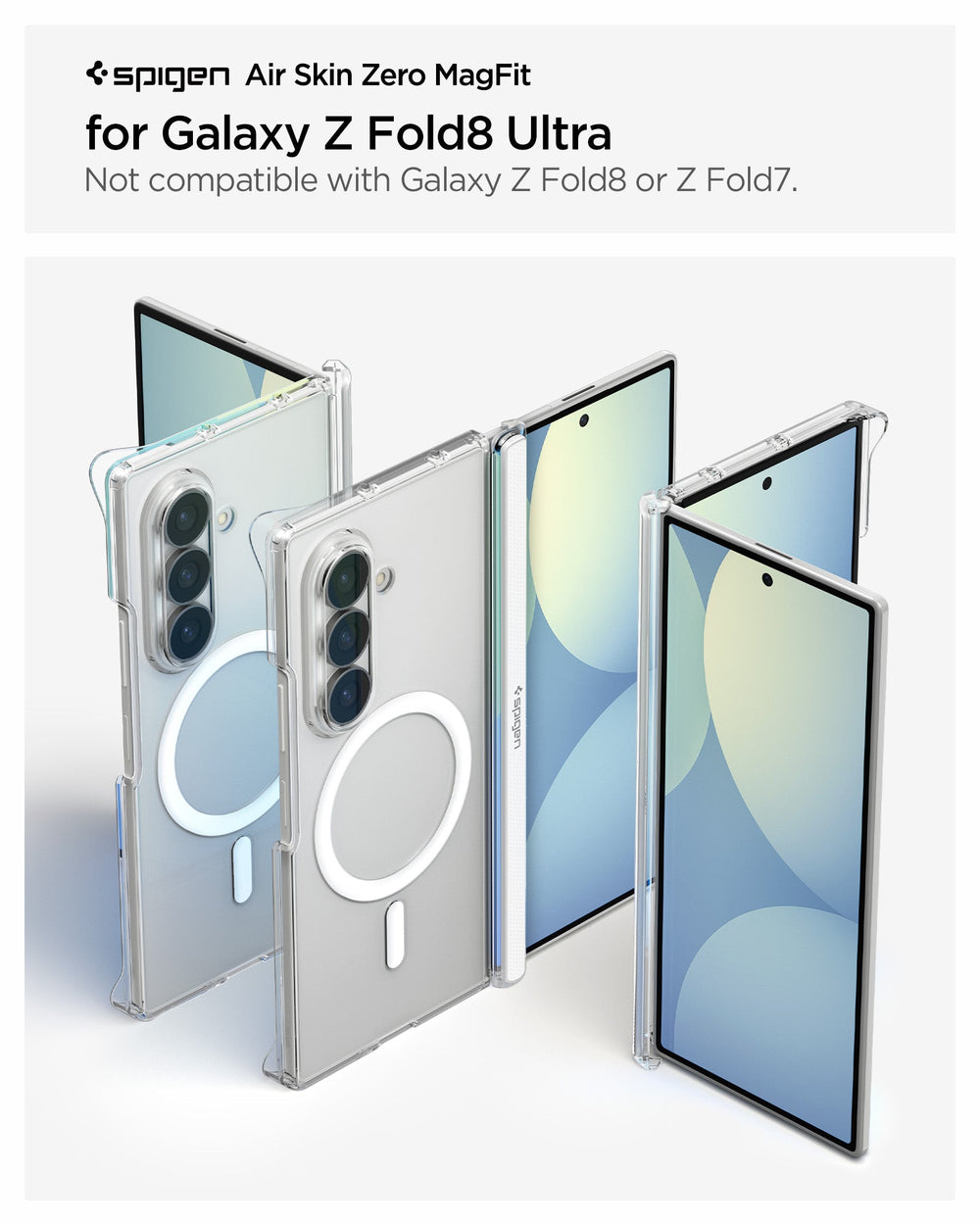 ACS11495 - Galaxy Z Fold 8 Ultra Air Skin Zero (Mag Fit) showing the Air Skin Zero MagFit product title graphic for Galaxy Z Fold 8 Ultra, alongside multiple angled views of the clear case in folded, unfolded, and back positions
