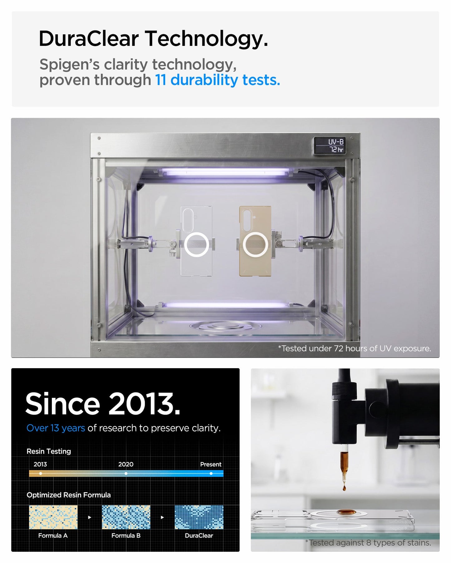 ACS11495 - Galaxy Z Fold 8 Ultra Air Skin Zero (Mag Fit) showing the "DuraClear Technology" graphic, a UV exposure test chamber with two phone cases inside, alongside a timeline of resin formula development since 2013 and a stain-testing setup dripping liquid onto a case