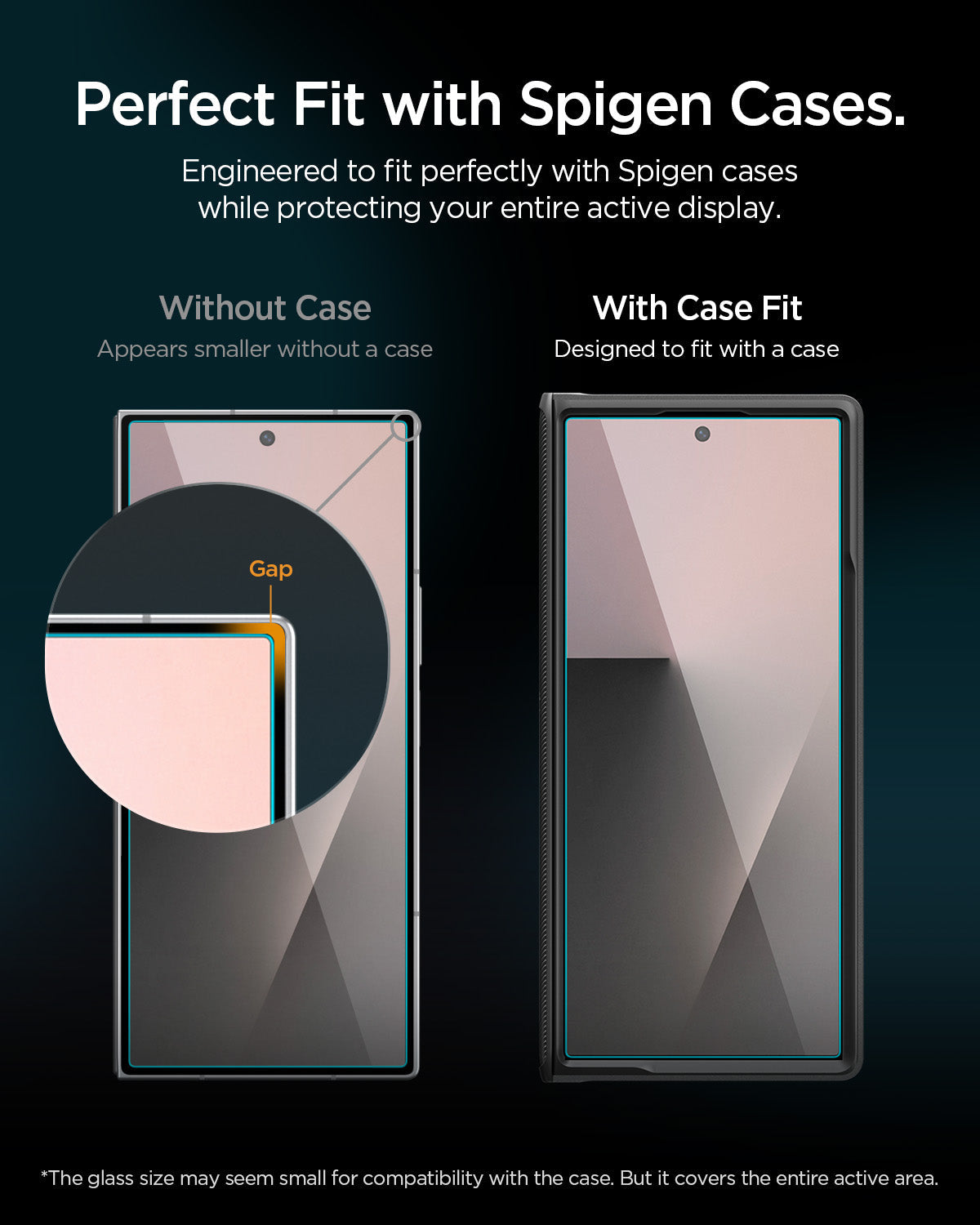 AGL09576 - Galaxy Z Fold 8 Ultra GLAS.tR EZ Fit Pro showing the "Perfect Fit with Spigen Cases" graphic, comparing the screen protector's edge gap without a case versus a flush fit when paired with a Spigen case.