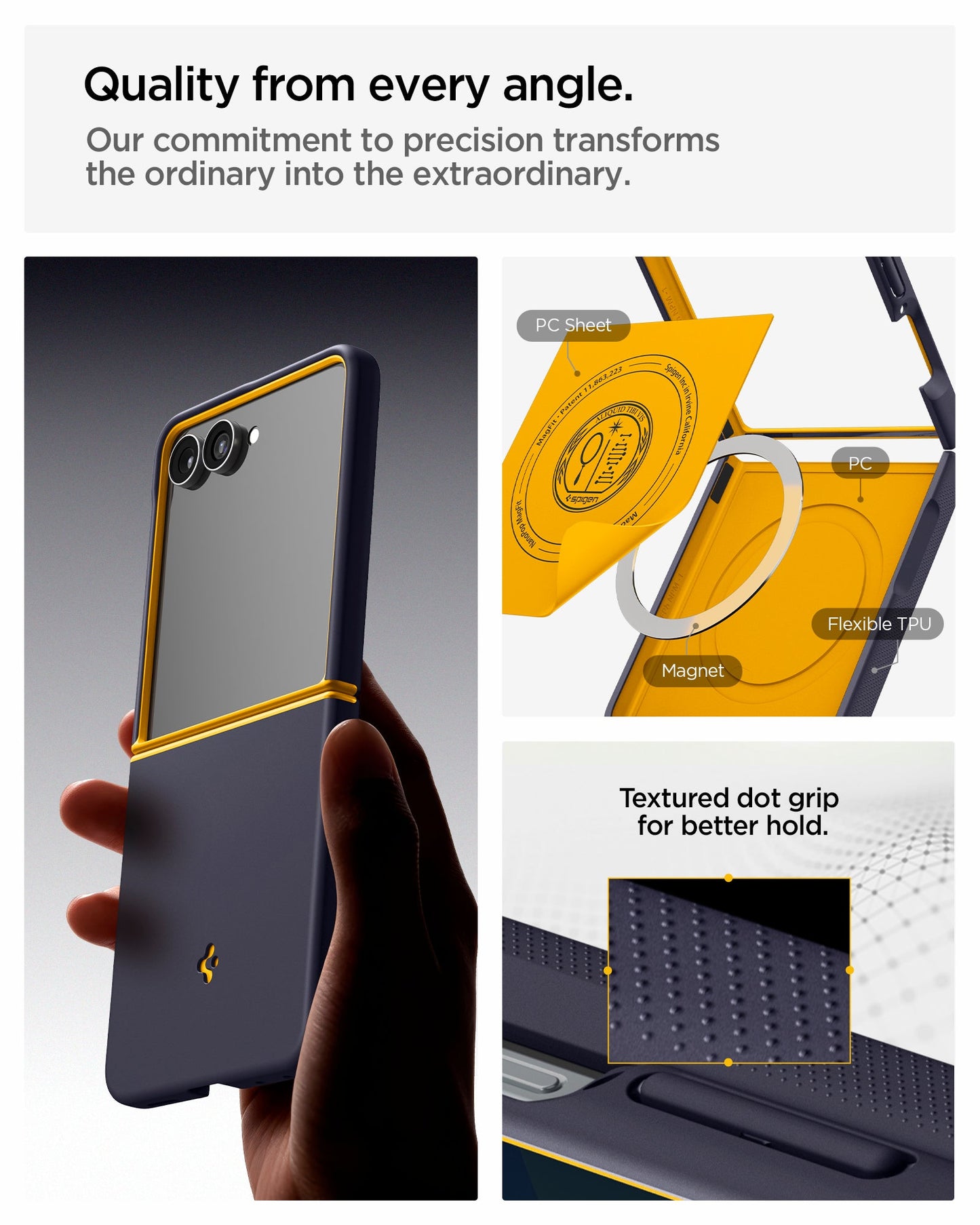 ACS11517 - Galaxy Z Flip 8 Nano Pop (Mag Fit) Blueberry Navy showing the "Quality from every angle" graphic, with a hand holding the cased phone, alongside a close-up of the internal magnet and PC sheet layers