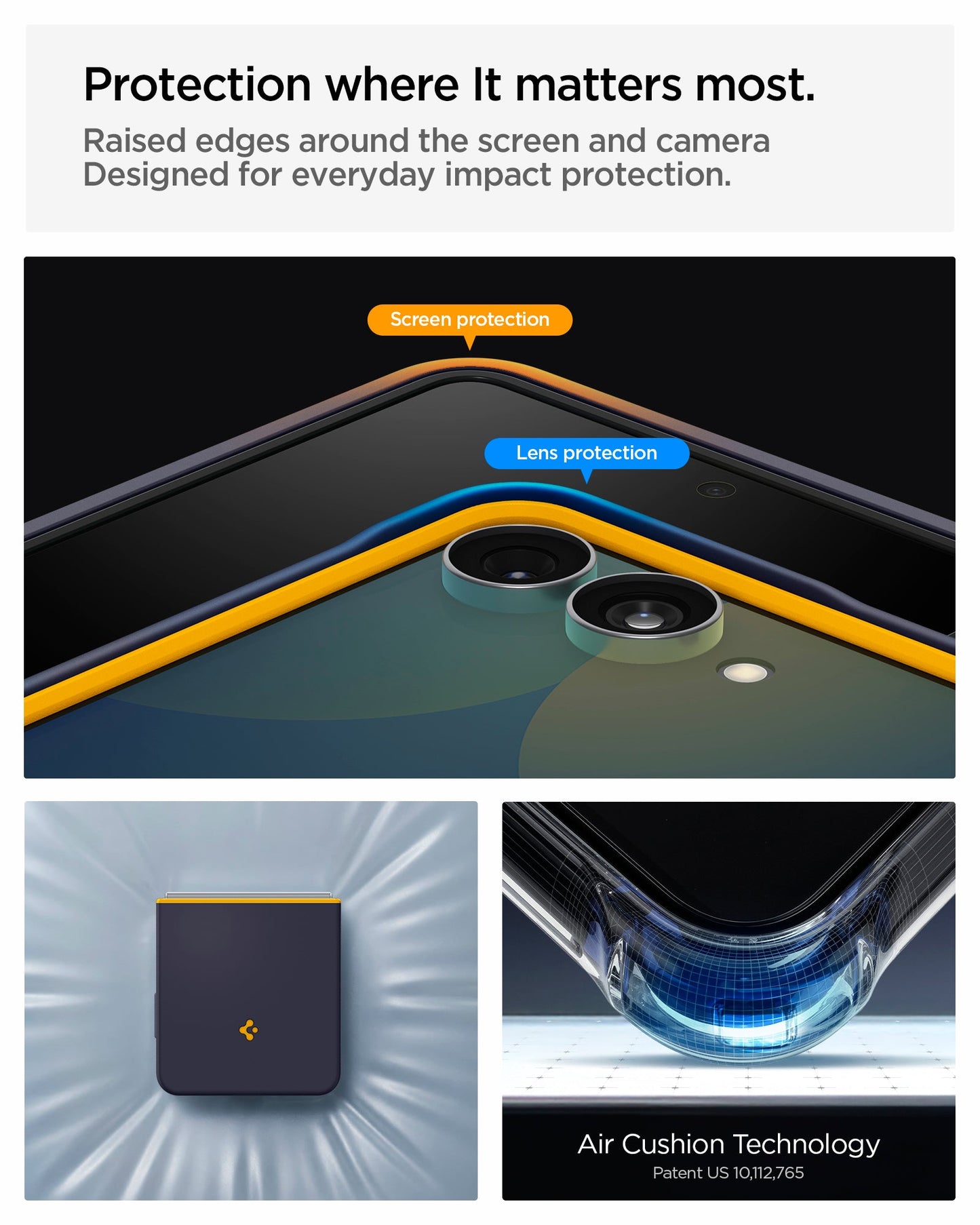 ACS11517 - Galaxy Z Flip 8 Nano Pop (Mag Fit) Blueberry Navy showing the "Protection where It matters most" graphic, highlighting raised screen and lens protection edges, alongside images of the case's shock-dispersing design