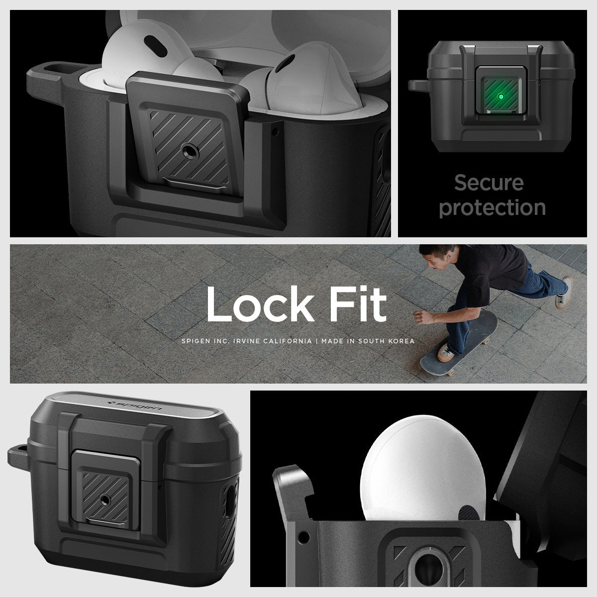 ACS05485 - Apple AirPods Pro 2 Case Lock Fit in matte black showing different angles. Secure protection
