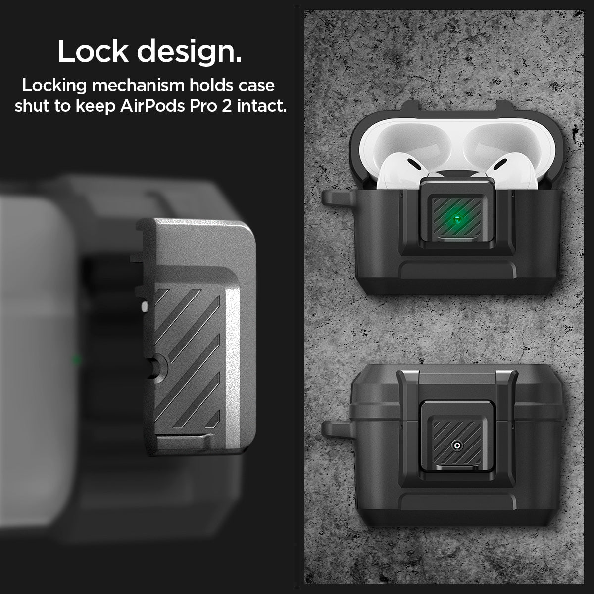 ACS05485 - Apple AirPods Pro 2 Case Lock Fit in matte black showing lock design. Locking mechanism holds case shut to keep AirPods Pro 2 intact