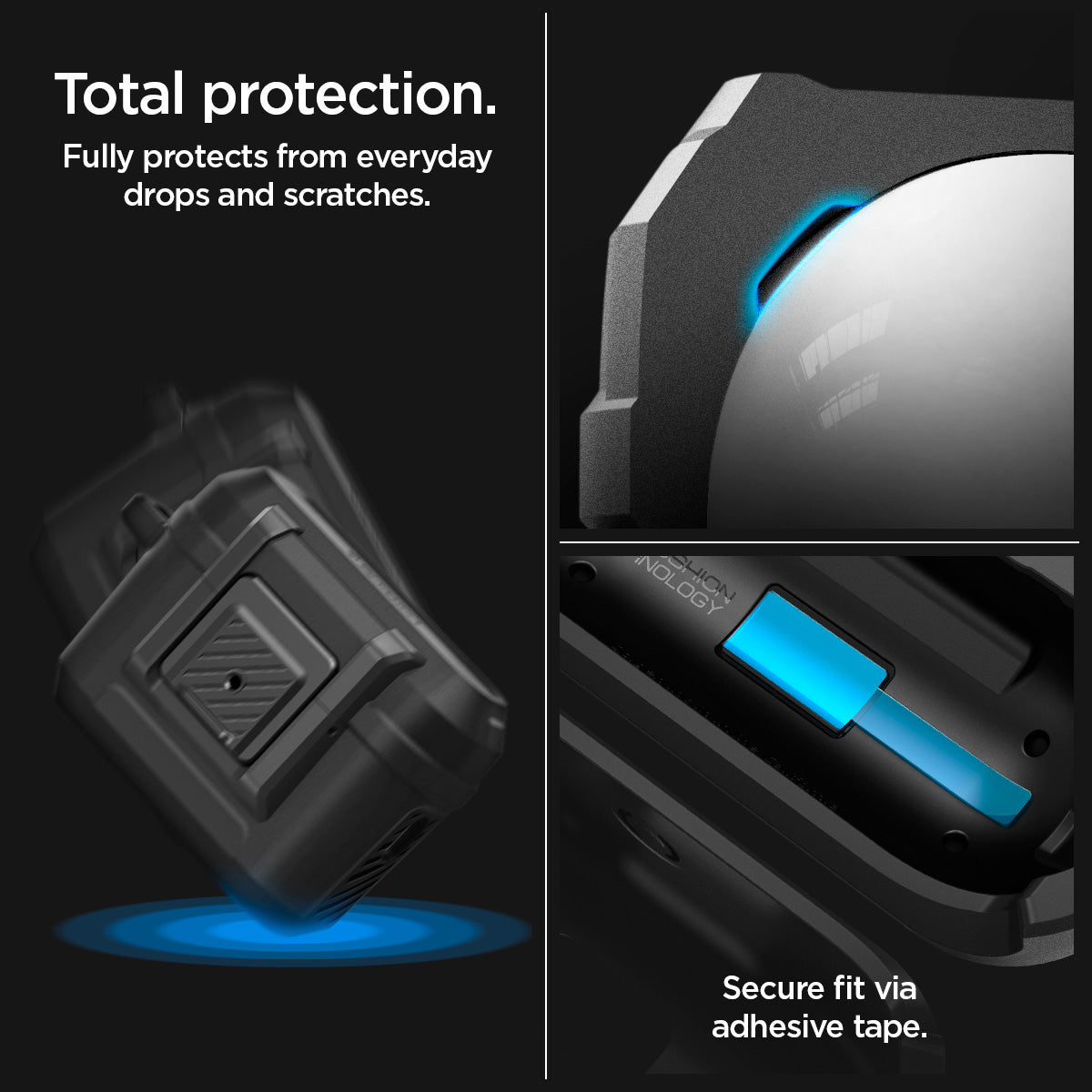 ACS05485 - Apple AirPods Pro 2 Case Lock Fit in matte black showing total protection. Fully protects from everyday drops and scratches. Secure fit via adhesive tape