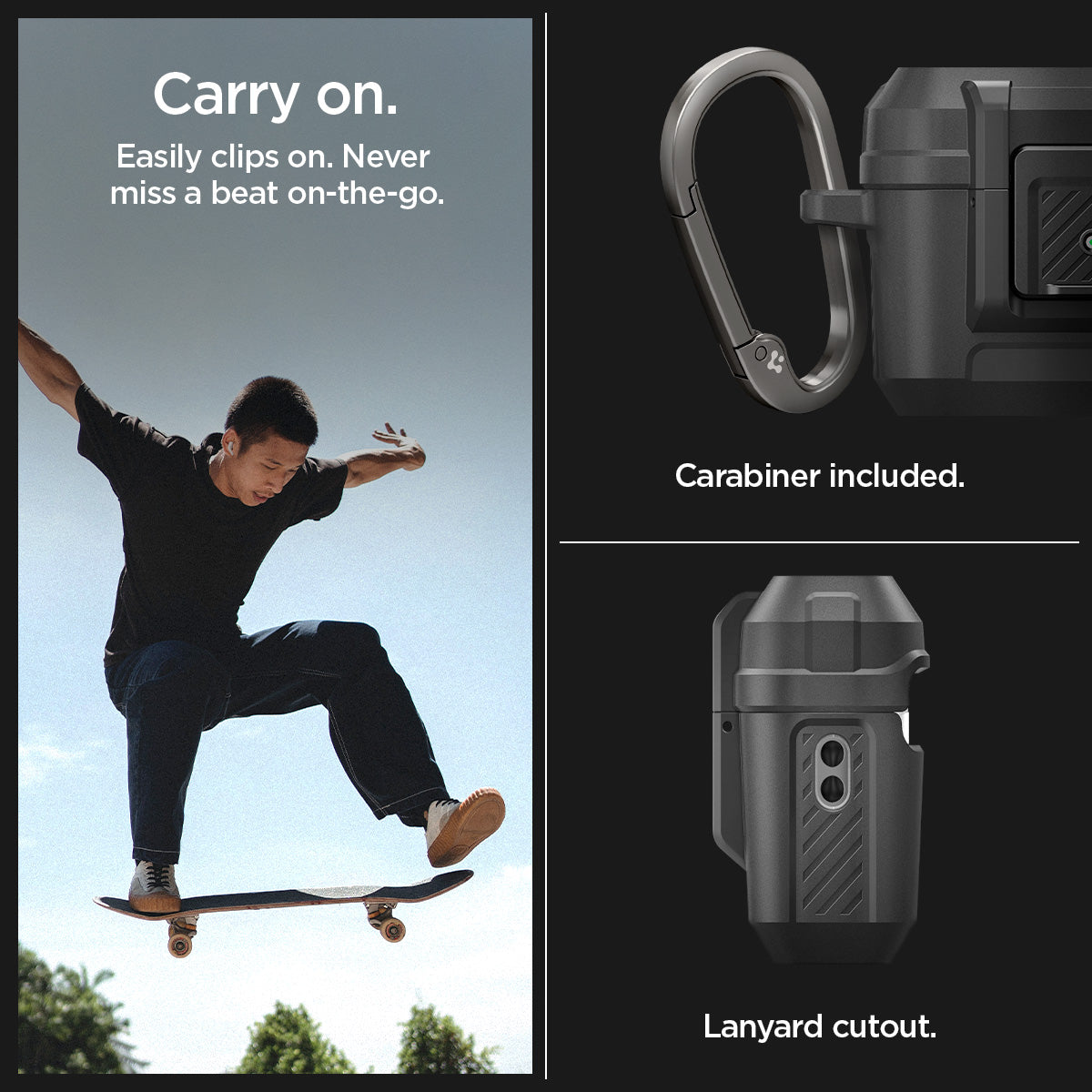 ACS05485 - Apple AirPods Pro 2 Case Lock Fit in matte black showing easy to clip on. Never miss a beat on-the-go. Carabiner included with lanyard cutout