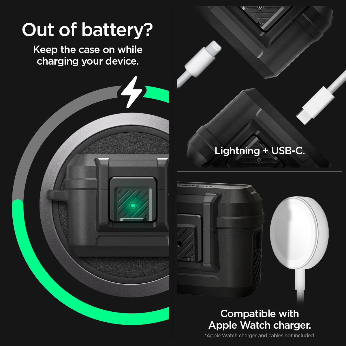 ACS05485 - Apple AirPods Pro 2 Case Lock Fit in matte black showing keep the case on while charging your device. Lightning + USB-C compatible with Apple Watch charger