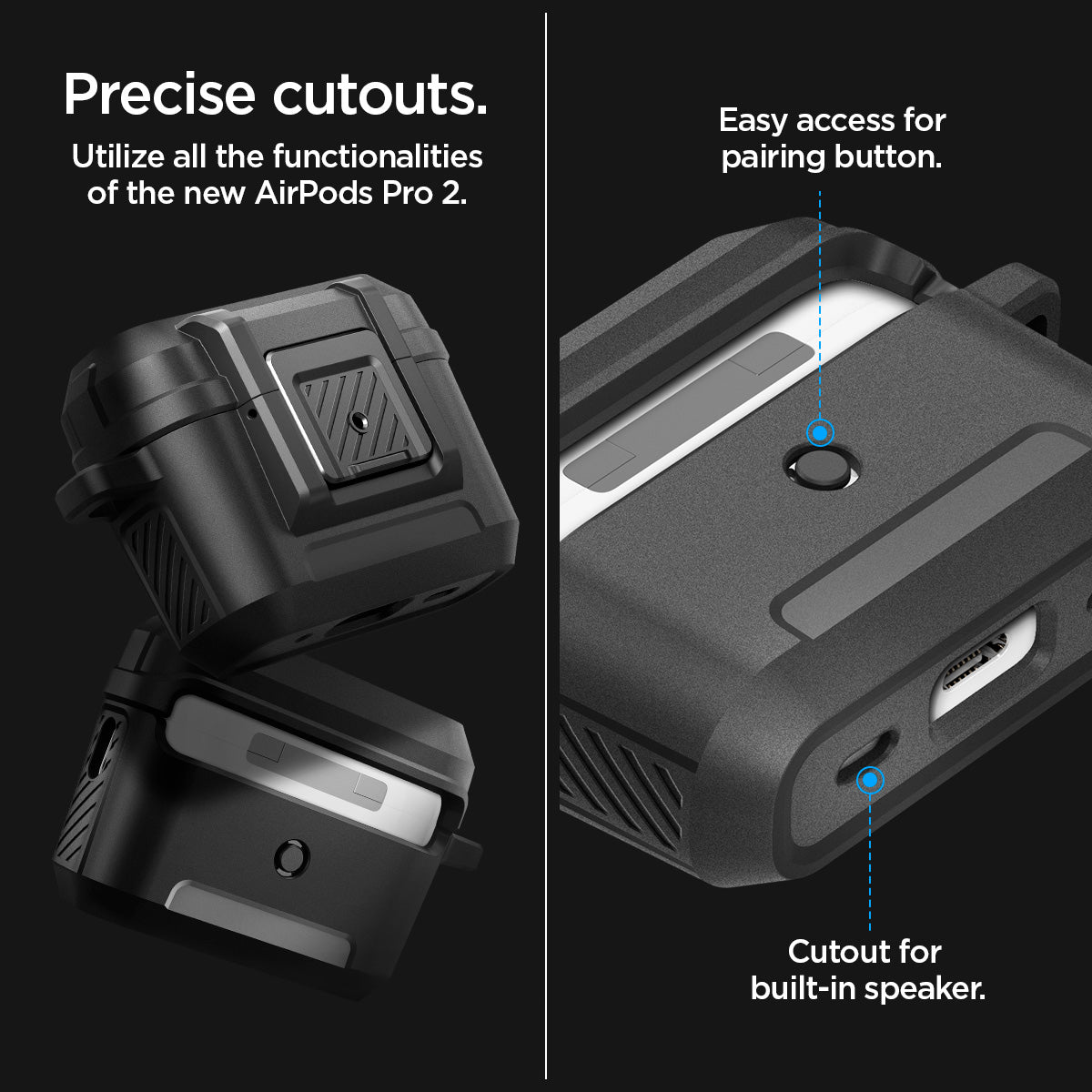 ACS05485 - Apple AirPods Pro 2 Case Lock Fit in matte black showing precise cutouts. Utilize all functionalities of the new AirPods Pro 2. Easy access for pairing button. Cutout for built-in speaker